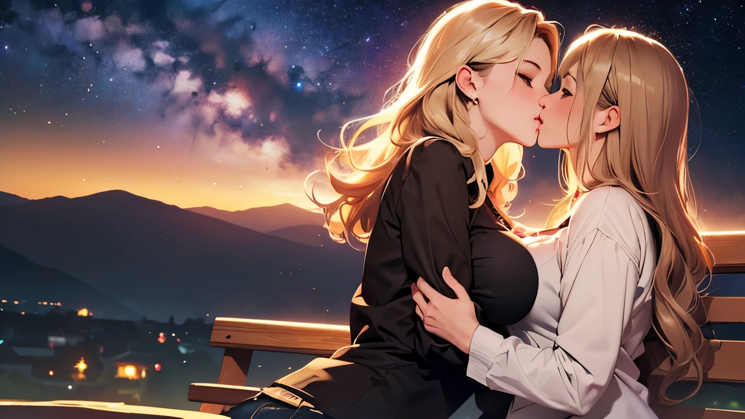 (((best quality))),masterpiece,ultra high resolution,(ultra high definition),(movie quality:1.3),(movie lighting),(low light environment:1.4),Female love couple at night(((Under the Milky Way)))Suburban women kissing, (SFW) Work, kissing together cutely, (((Girl Love Art))), OPPEIN, Side milk, Slightly saggy big breasts, small breasts, (((Very long wavy blonde hair))), (((Straight brown hair with side bangs))), (girl love kiss), The mouth is very detailed, (girl love hug), touch her hand, touch her clothes, touch her breasts, (((Hands touching her breasts))), sit on lap, Long hair fluttering in the wind, SFW version