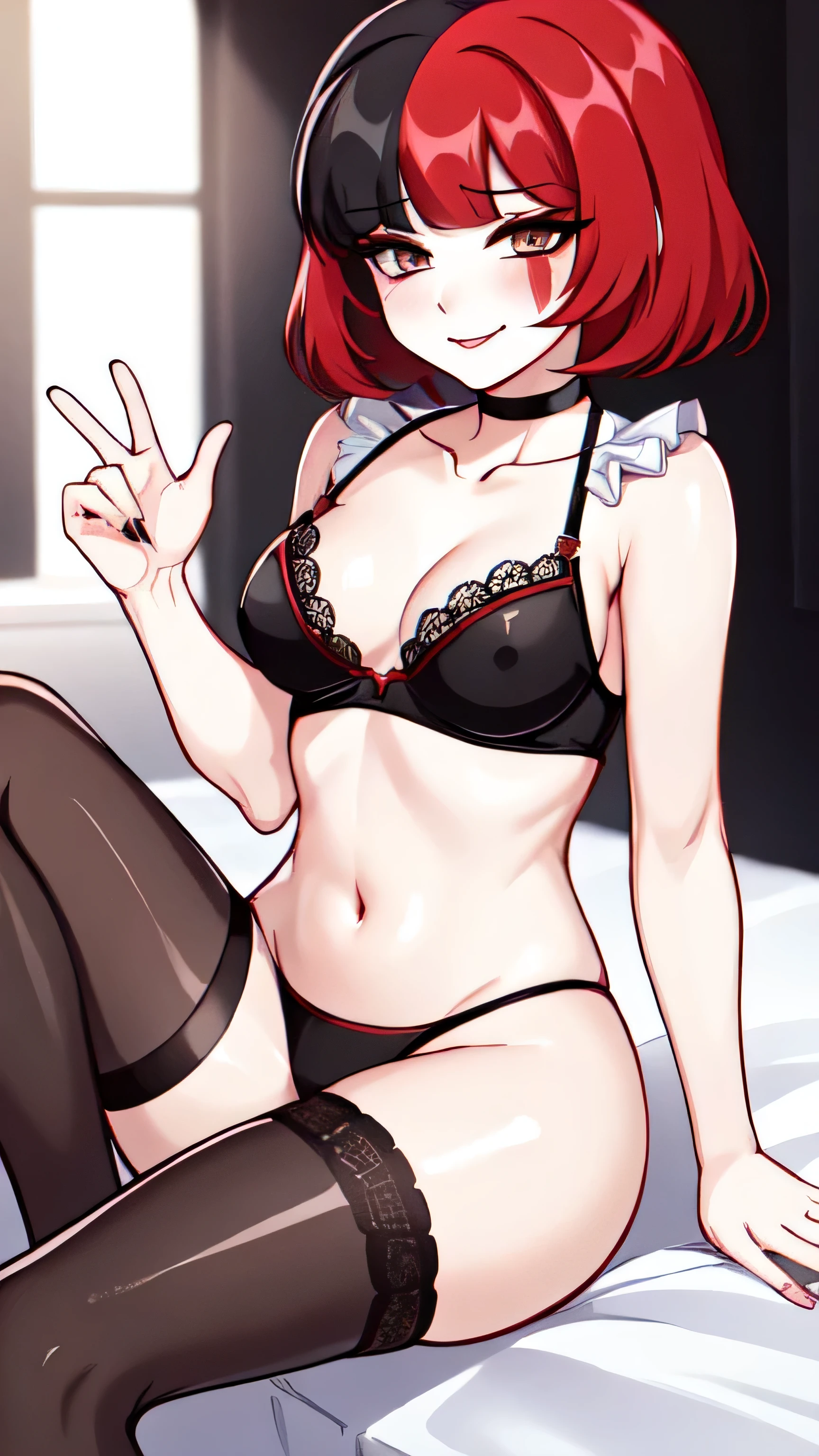 coupling, ("Red hair"), ("black hair"), ("multicoloRed hair"), ("short hair"), Sexy posing on the bed, very sexy, smug face, Necklace, Lace white underwear, embarrassed