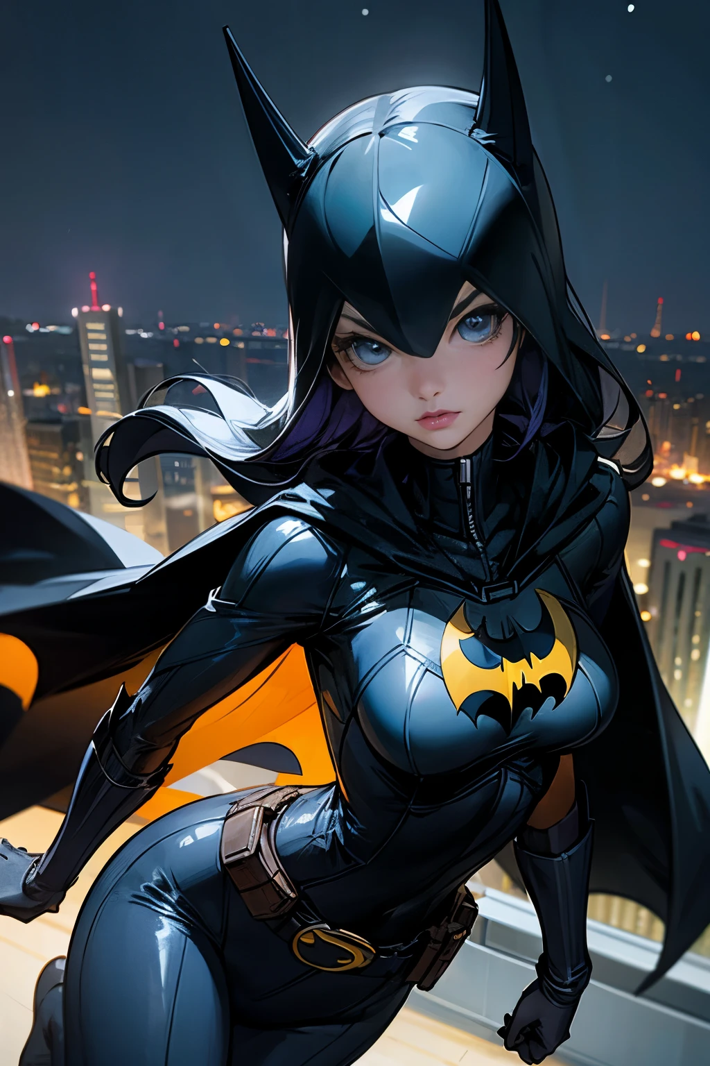 [1 girl (batgirl) 1.2] (night sky, cityscape, Gotham City Background) [reality 0.8] [3D0.9] [mask, long hair, blue eyes, tight suit, chest, cape, ドミノmask, belt, medium breasts, superhero, mitt, lips, black bodysuit, Helmet, belt buckle, horn, One_Print, Pouch) 1.1] [crooked (tight waist, 大きなchest) 1.2] [grade 1.1]