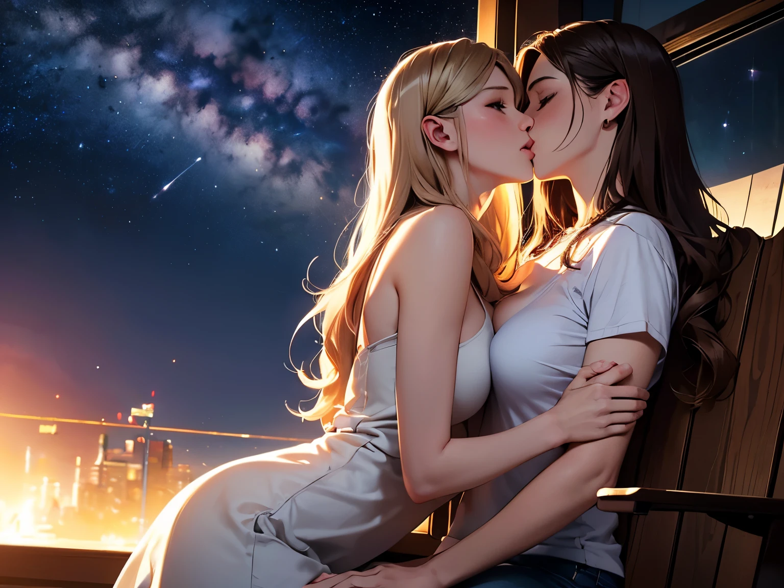 (((best quality))),masterpiece,ultra high resolution,(ultra high definition),(movie quality:1.3),(movie lighting),(low light environment:1.4),Female love couple at night(((Under the Milky Way)))Suburban women kissing, (SFW) Work, kissing together cutely, (((Girl Love Art))), OPPEIN, Side milk, Slightly saggy big breasts, small breasts, (((Very long wavy blonde hair))), (((Straight brown hair with side bangs))), (girl love kiss), The mouth is very detailed, (girl love hug), touch her hand, touch her clothes, touch her breasts, (((Hands touching her breasts))), sit on lap, Long hair fluttering in the wind, SFW version