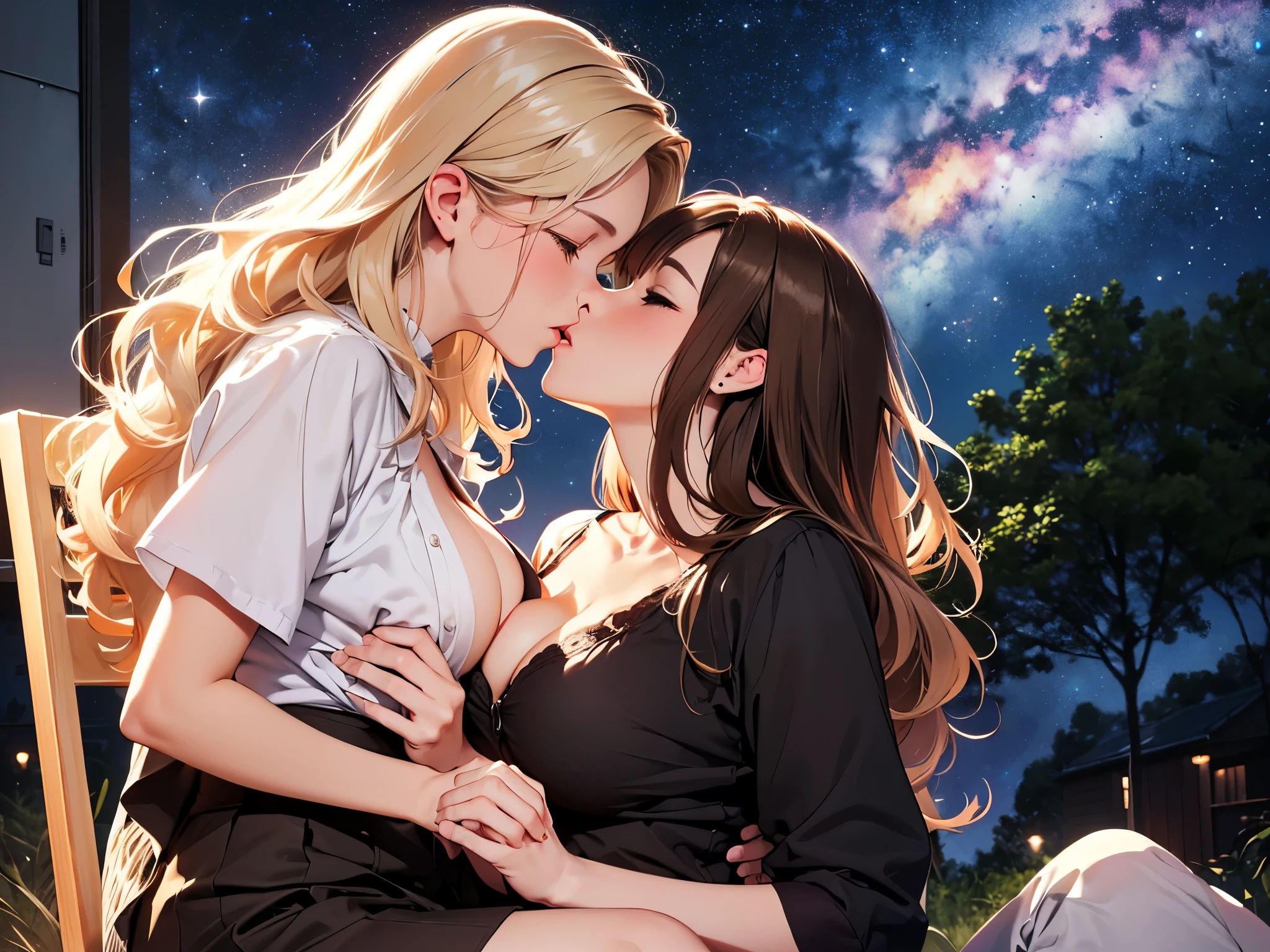 (((best quality))),masterpiece,ultra high resolution,(ultra high definition),(movie quality:1.3),(movie lighting),(low light environment:1.4),Female love couple at night(((Under the Milky Way)))Suburban women kissing, (SFW) Work, kissing together cutely, (((Girl Love Art))), OPPEIN, Side milk, Slightly saggy big breasts, small breasts, (((Very long wavy blonde hair))), (((Straight brown hair with side bangs))), (girl love kiss), The mouth is very detailed, (girl love hug), touch her hand, touch her clothes, touch her breasts, (((Hands touching her breasts))), sit on lap, Long hair fluttering in the wind, SFW version