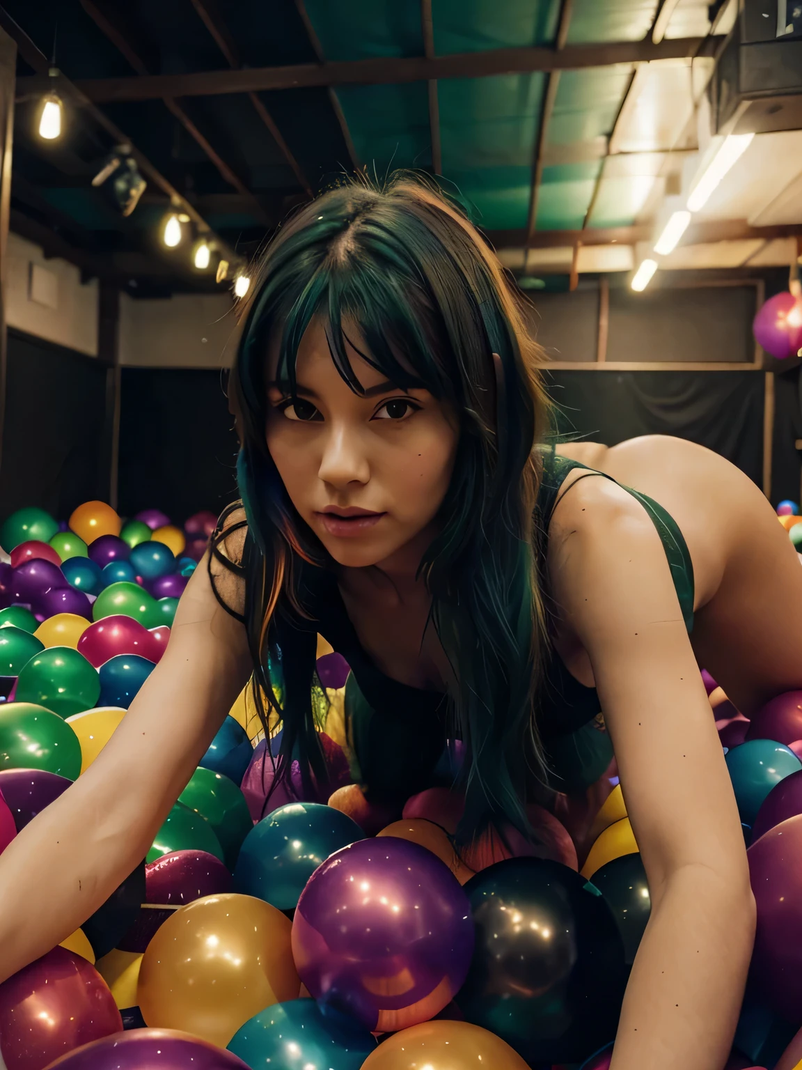  woman with darkgreen hair, inside a Ball Pit with rainbow colored balls,