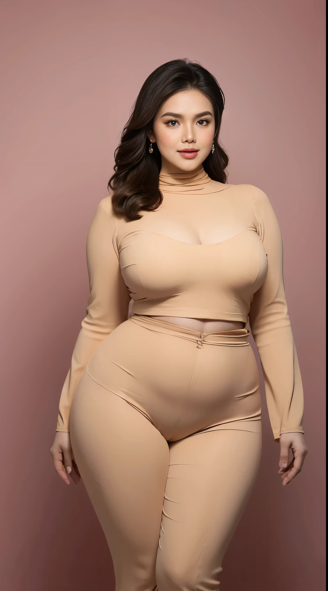Vogue style side view photo shoot of malay 20years old young woman nude, with pastel colored background in Wes Anderson style, detail skin texture, detailed face, saggy breast, dark , camel toe, heavy big breast, big round ass, wide hips, thick thighs, beer belly, curvy, view from side, hyper - realistic photography, Wes Anderson style, full body, 8k, close - up shot, extreme close - up photo, ((looking at viewer)), wavy black hair