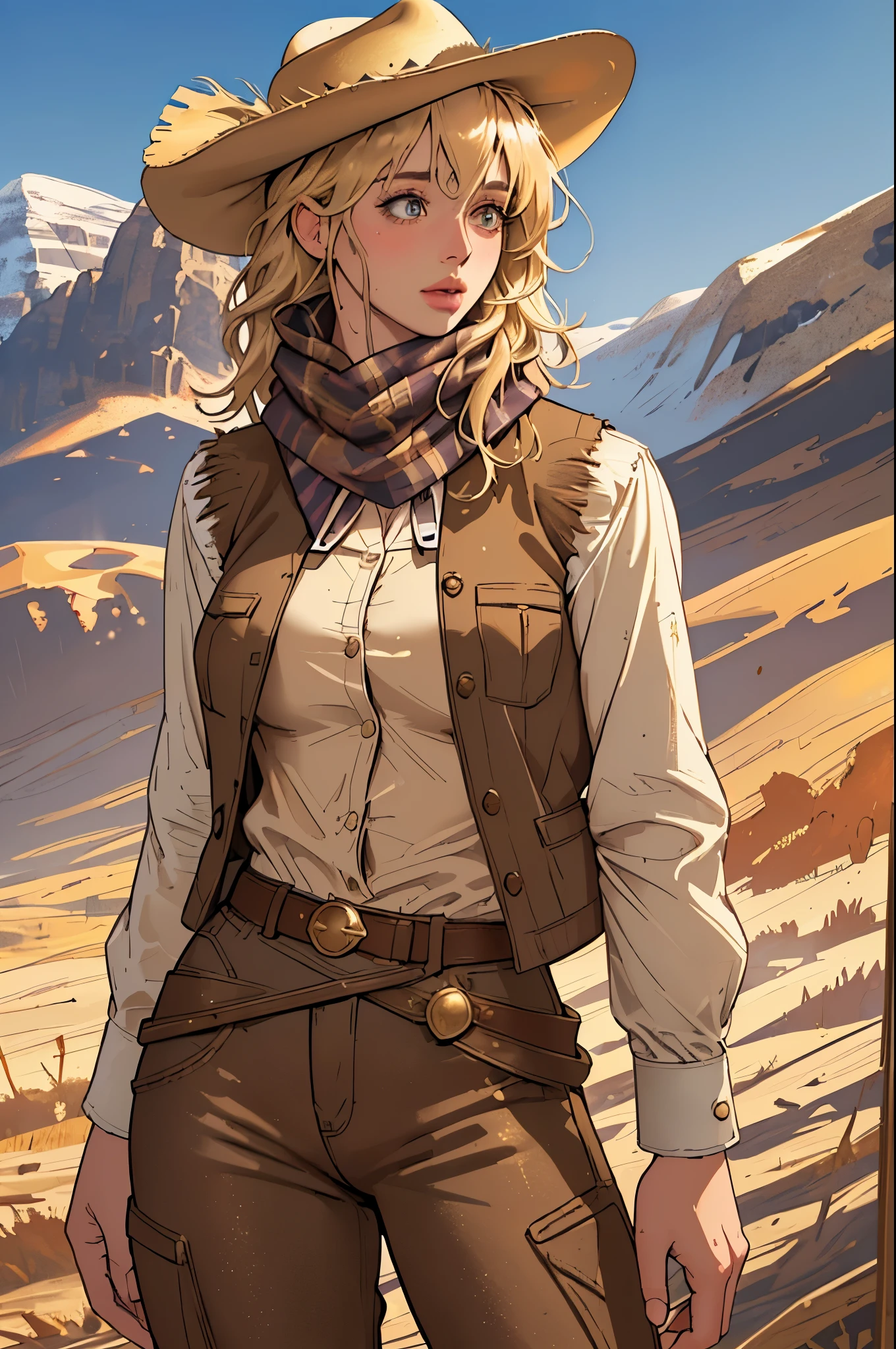 (highest quality, Super detailed, realistic:1.37), outdoor, girl, muddy, detailed and beautiful eyes, beautiful detailed lips, cowboy hat, vest with fringes, pants, scarf, With confidence, middle of chest, dusty farm landscape, golden hour lighting