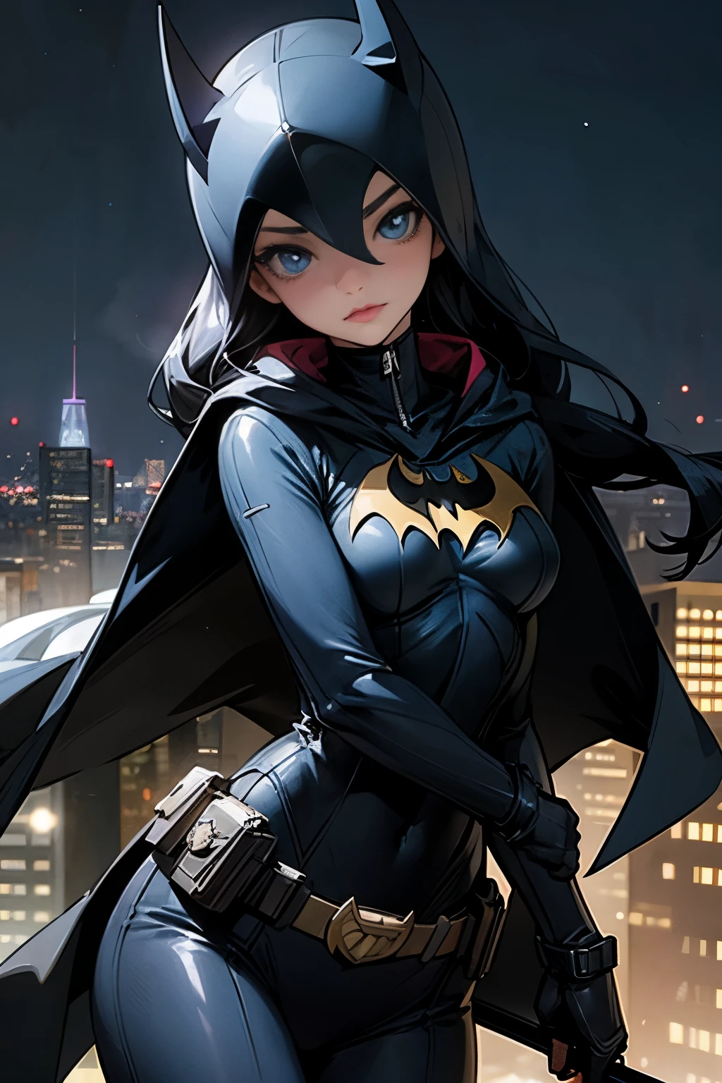 [1 girl (batgirl) 1.2] (night sky, cityscape, Gotham City Background) [reality 0.8] [3D0.9] [mask, long hair, blue eyes, tight suit, chest, cape, ドミノmask, belt, medium breasts, superhero, mitt, lips, black bodysuit, Helmet, belt buckle, horn, One_Print, Pouch) 1.1] [crooked (tight waist, 大きなchest) 1.2] [grade 1.1]