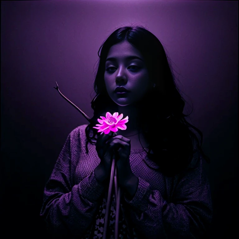 monochrome woman, holding a floeer, monochrome background, nighttime, brightly colored flower, Neon Dreams, glowing flower, neon glow, shining brightly