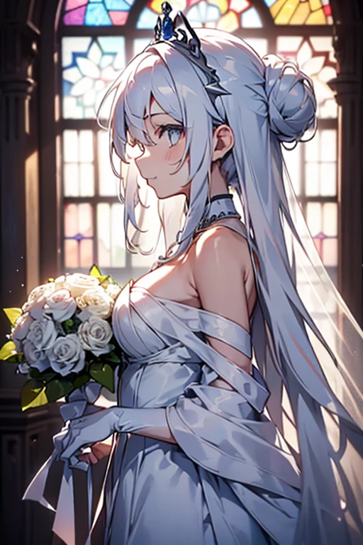 (from above:1.2),(from side:2), ((Face)), (Close-Up:2), ((looking at viewer, holding a bouquet to his mouth)), highest quality、(real、photorealistic:1.4)、(RAW photo:1.2)、very detailed CG unity 8k wallpaper, delicate and beautiful, wonderful, Fine detail, official art, disorganized, very disorganized, huge file size, Ultra-detailed, very detailed, very detailed girl, very detailedなeyes and face, Bright on the face、(age girl:1.7)、small smile, ,smiling, miorine rembran, ahoge, (white hair:1.25), hair between eyes, hair bun, (long hair:1.25), tiara,,ruanyi0261,off-shoulder dress,pearl \(gemstone\),tiara,veil,wedding dress, wedding necklace, wedding long gloves, (luxurious bouquet), chapel, Stained glass,