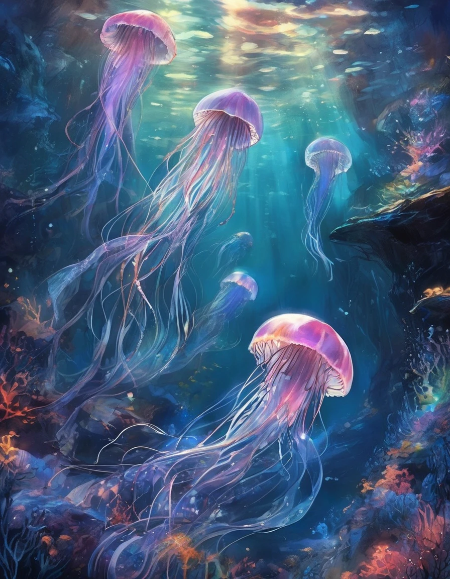 In the depths of the ocean, beneath the veil of darkness, lies a realm of enchantment and mystery. Picture a scene where bioluminescent creatures, with soft glows emanating from their bodies, illuminate the abyss with an otherworldly allure. Visualize an ethereal landscape where delicate jellyfish drift gracefully, trailing tendrils of light that shimmer like celestial ribbons against the inky backdrop. Imagine schools of mesmerizing fish, their scales aglow with a gentle luminescence, creating an enchanting dance of color and movement in the silent depths. Amidst this surreal tableau, feel the tranquility and wonder as you witness nature's own light show, a mesmerizing symphony of life and luminescence beneath the waves.