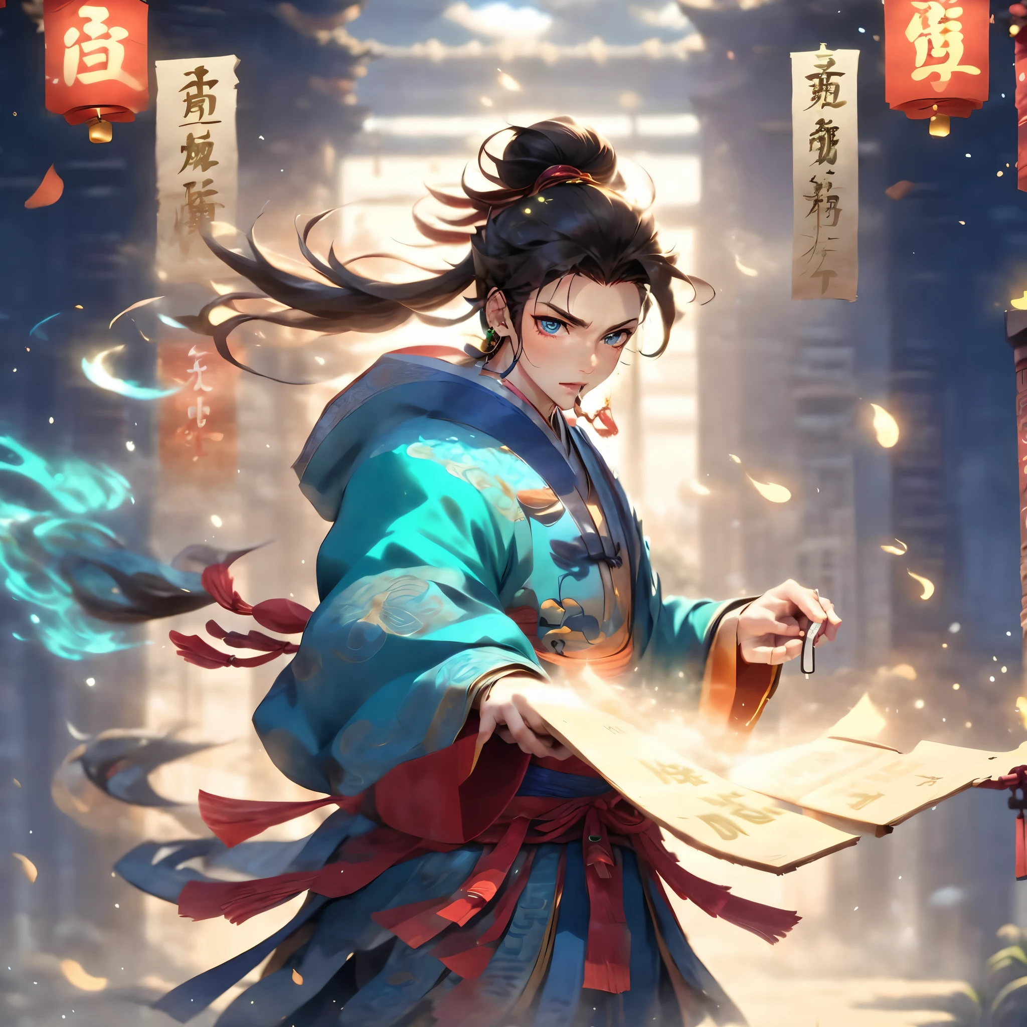 An ancient Chinese boy, handsome face, Handsome, perfect facial features, Perfect body, Anime masterpiece, Long black hair flying in the wind, stands alone in twilight. His upper body adopts a fighting stance, holding a huge, floating scroll in his hand. The scroll, of best quality and intricate details (masterpiece: 1.2), is filled with Chinese characters that glow with multiple light spots under the influence of electricity. The boy with piercing blue eyes keeps his mouth shut, observing the figure with great focus. Beside Wen Dao Sheng Zun, lots of clouds and fog fill the air, creating a sense of mystery and intrigue. The ancient Chinese architecture in the background is shrouded in the fog, central composition, Tyndall effect，perfect fingers：1.4
