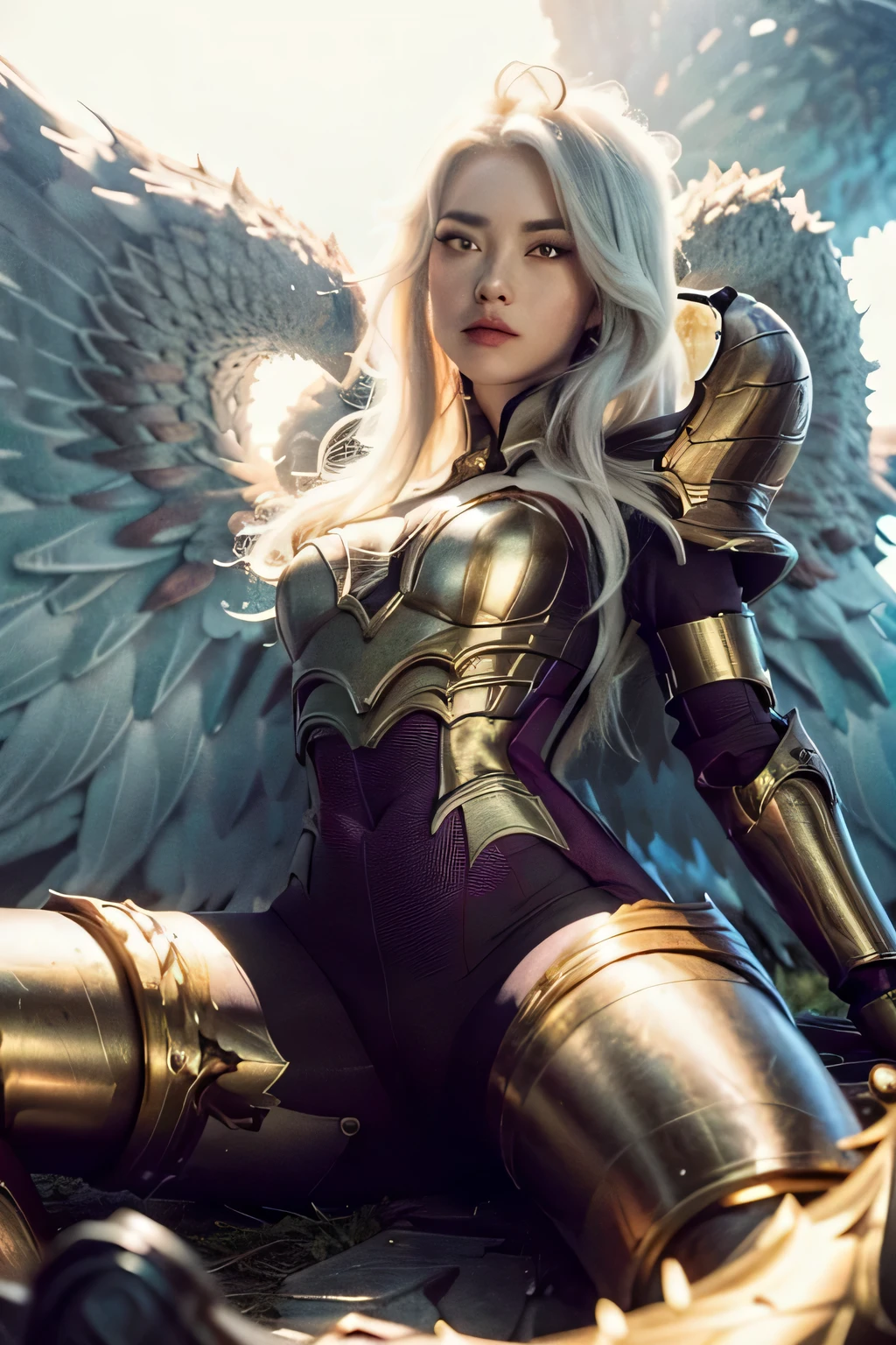 (1 girl), (alone), Kyle \(League of Legends\), Highest image quality, ((Very detailed), (8K, original photo, best quality, masterpiece: 1.2), (actual, Photo actual: 1.4), , Surrealism, High resolution, full body image, (Angel, 白色的大Angel翅膀), Perfect long legs, White and gold celestial armor, Sexy ，spread your legs，There is no Kaijia on the legs, only leggings，Sexy，shy expression
