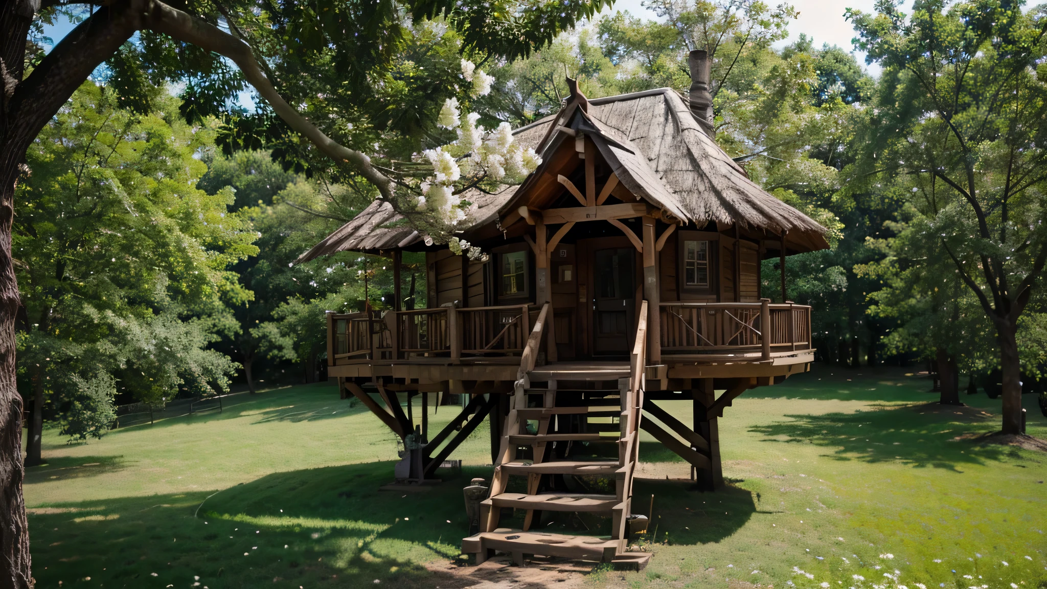 A little girl is sitting on the porch of a tree house