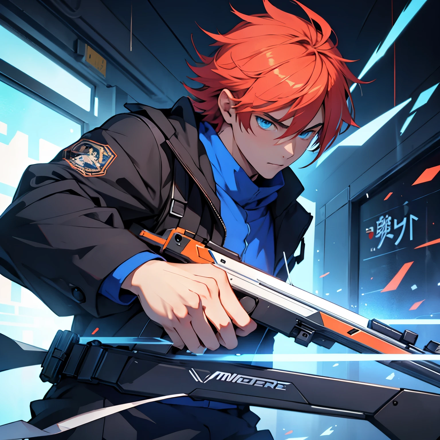 Make an cover with an teenager man with blue eyes and hair ofc anime guy and then the title "the god's nerf me" No gun just with a sword
