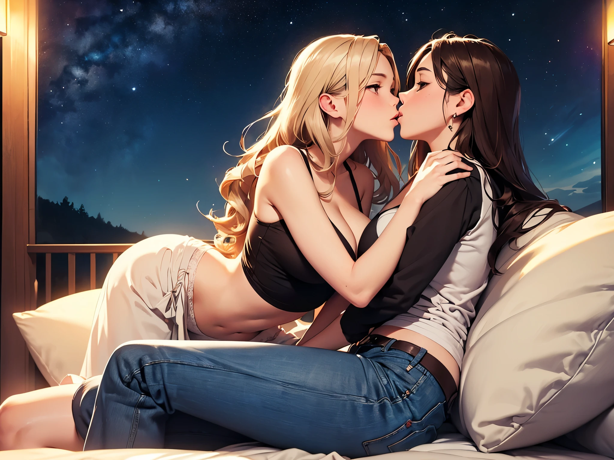 (((best quality))),masterpiece,ultra high resolution,(ultra high definition),(movie quality:1.3),(movie lighting),(low light environment:1.4),Female love couple at night(((Under the Milky Way)))Suburban women kissing, (SFW) Work, kissing together cutely, (((Girl Love Art))), OPPEIN, Side milk, Slightly saggy big breasts, small breasts, (((Very long wavy blonde hair))), (((Straight brown hair with side bangs))), (girl love kiss), The mouth is very detailed,  (girl love hug), touch her hand, touch her clothes, touch her breasts, (((Hands touching her breasts))), sit on lap, Long hair fluttering in the wind, SFW version