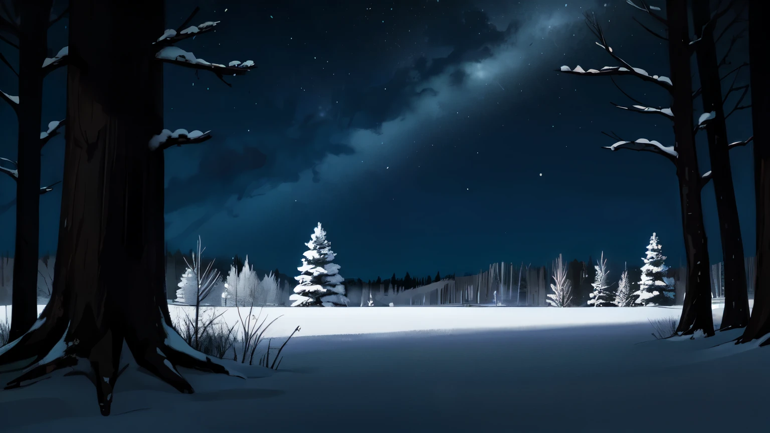 dark forest, night, no people, winter forest, complete darkness, no stars