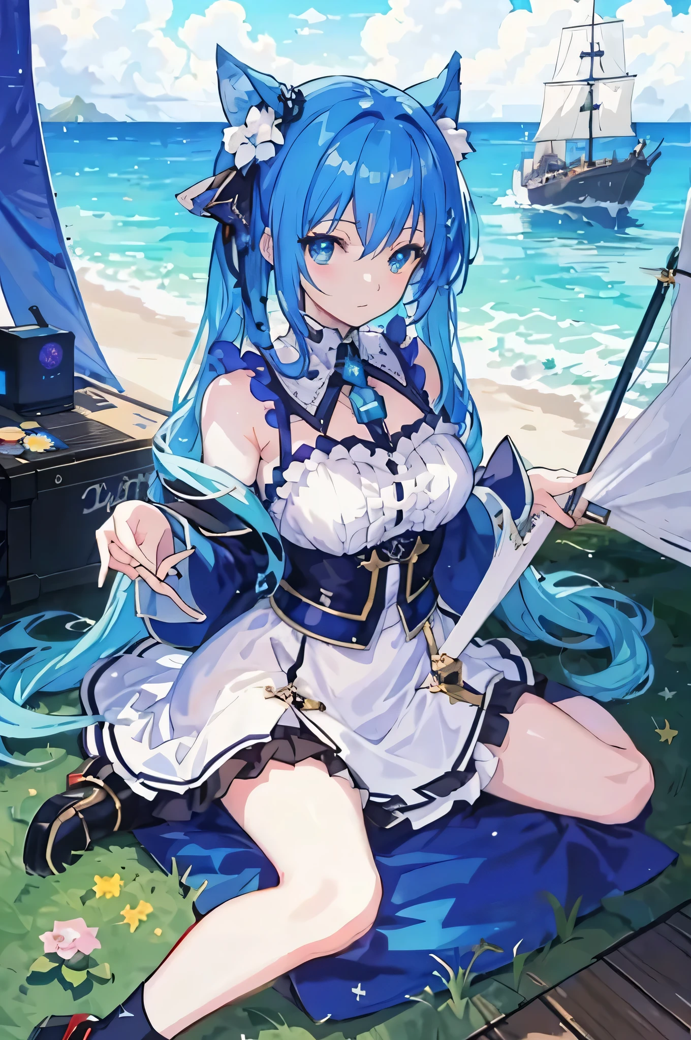 Anime girl sitting on the carpet,In the background is a sword and a ship, azure lane style, from《azure lane》video games, mikudayo, Anime cute art style, blue ocean, official artwork, anime style 4k, High quality anime art style, singing voice, fleet collection style, night nucleus, Splash art anime , anime goddess