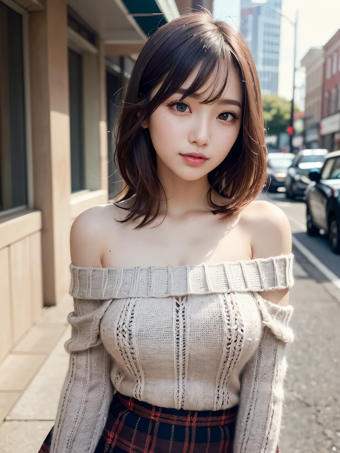 ((masterpiece)), ((highest quality)), (Super detailed), ((very detailed)), 4k, (8K), highest quality, (beautiful), genuineistic, genuine, dynamic angle 0, Front view ,young beautiful japanese woman ,city, daytime,glamorous look ,long bob hair ,1 girl, alone, (off shoulder knit:1.3) ,(checked mini skirt:1.3), ((beautiful eyes)), big breasts, big smile, super cute face, glossy lips, double eyelids of both eyes, long eyelashes ,natural makeup, shiny smooth light brown hair of long bob hair, asymmetrical bangs, High resolution, high detail, detailed hairstyle, detailed face, cinematic lighting, octane rendering, hyper genuineistic, perfect limbs, perfect anatomy