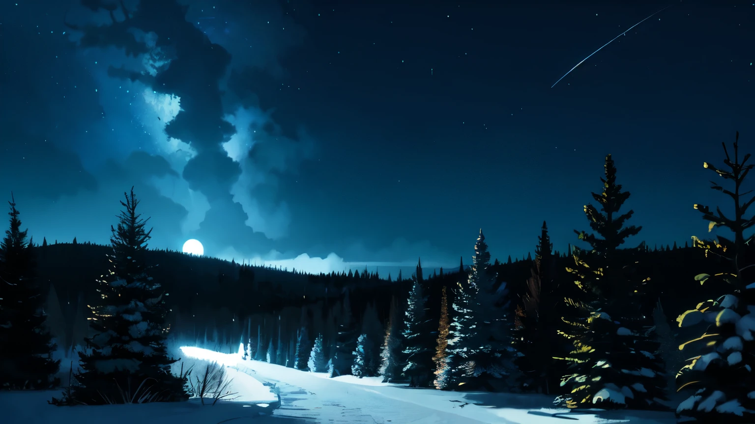 dark forest, night, no people, winter forest, complete darkness, no stars