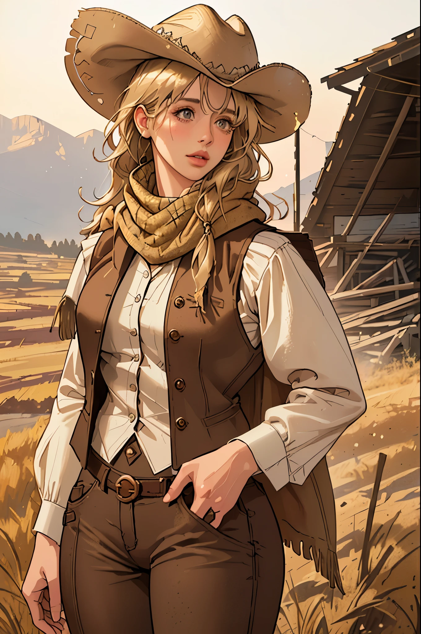 (highest quality, Super detailed, realistic:1.37), outdoor, girl, muddy, detailed and beautiful eyes, beautiful detailed lips, cowboy hat, vest with fringes, pants, scarf, With confidence, middle of chest, dusty farm landscape, golden hour lighting