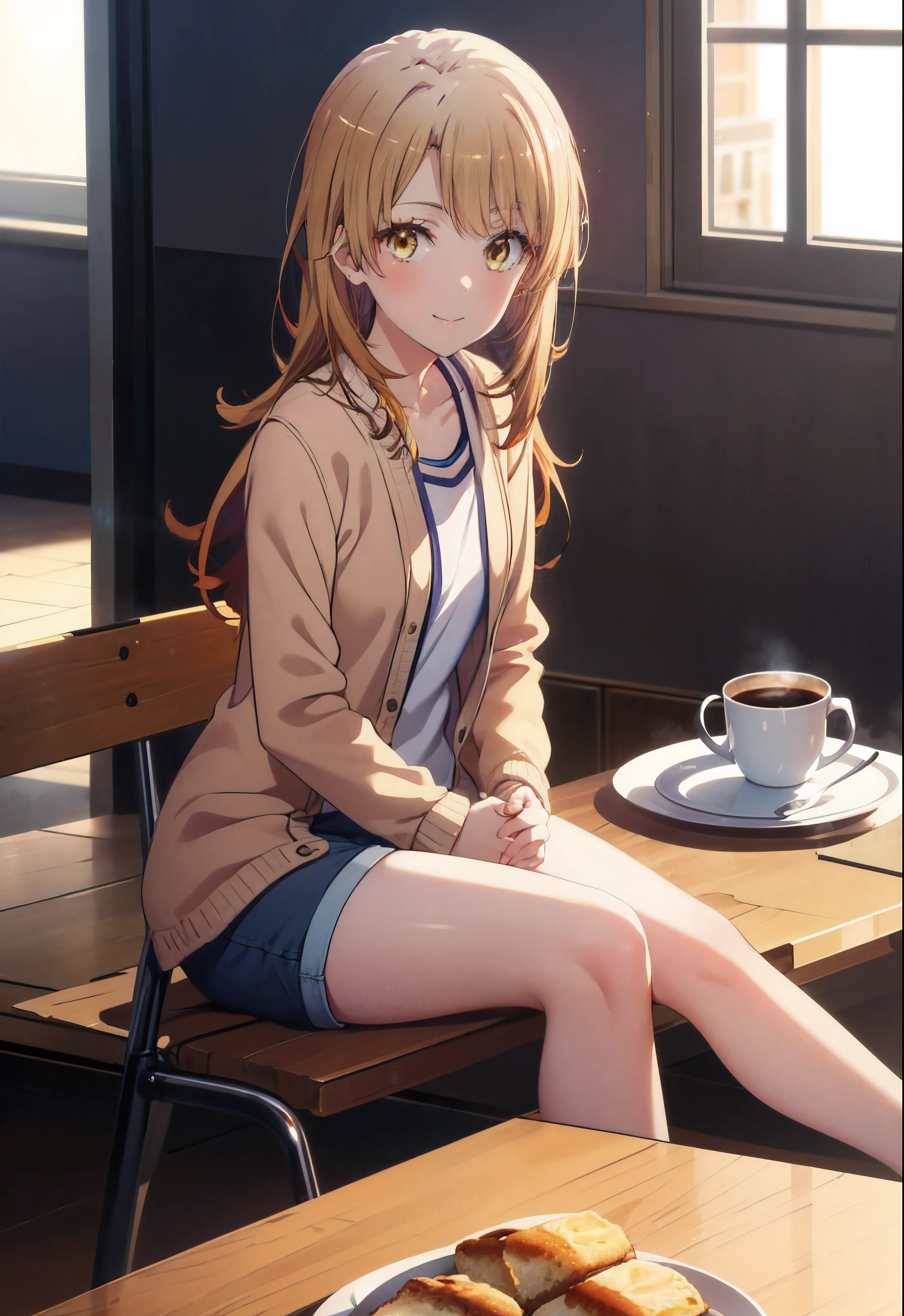 Color color, Iroha one style, long hair, brown hair, (brown eyes:1.5), Smile,Smile,t-shirt,shorts,Thin long cardigan　The front is open,barefoot,On the table there is a coffee cup and a plate of burnt bread.,window　Architecture Street,Sunlight filters through the gaps between buildings,morning,sunrise,sit on the chair,
rest indoors, Live,
rest looking at viewer,
rest (masterpiece:1.2), best quality, High resolution, unified 8k wallpaper, (digit:0.8), (Detailed and beautiful eyes:1.6), The facial details are very rich, perfect lighting, Very detailed CG, (perfect hands, perfect anatomy),