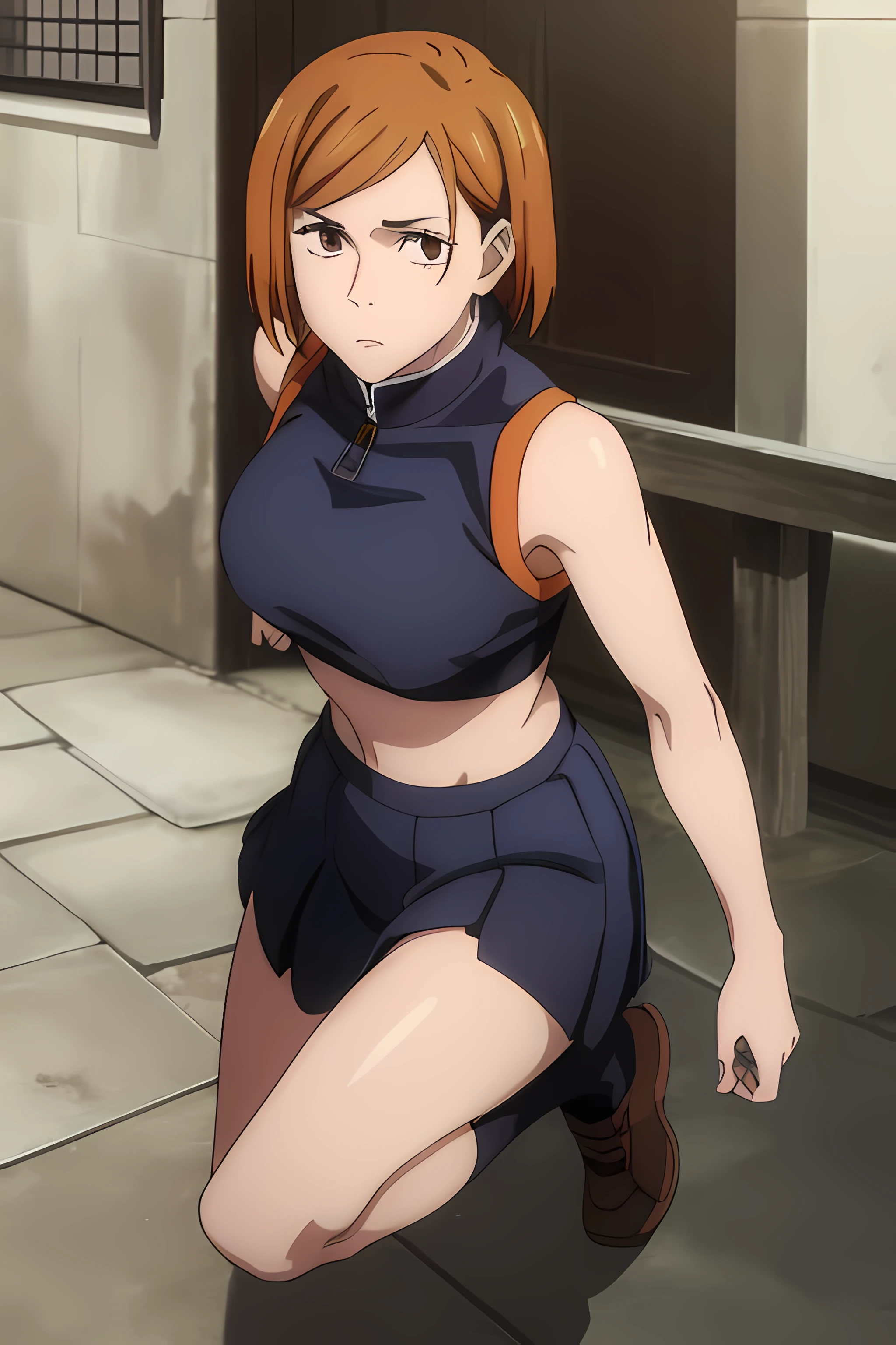 (masterpiece), (best quality), (ultra-detailed), (best illustration), (best shadow), (absurdres), nobarakugisakinova, short hair, orange hair, ((brown eyes)), kugisaki nobara, , 1girl, solo, bangs, closed mouth, sports bra, miniskirt, 