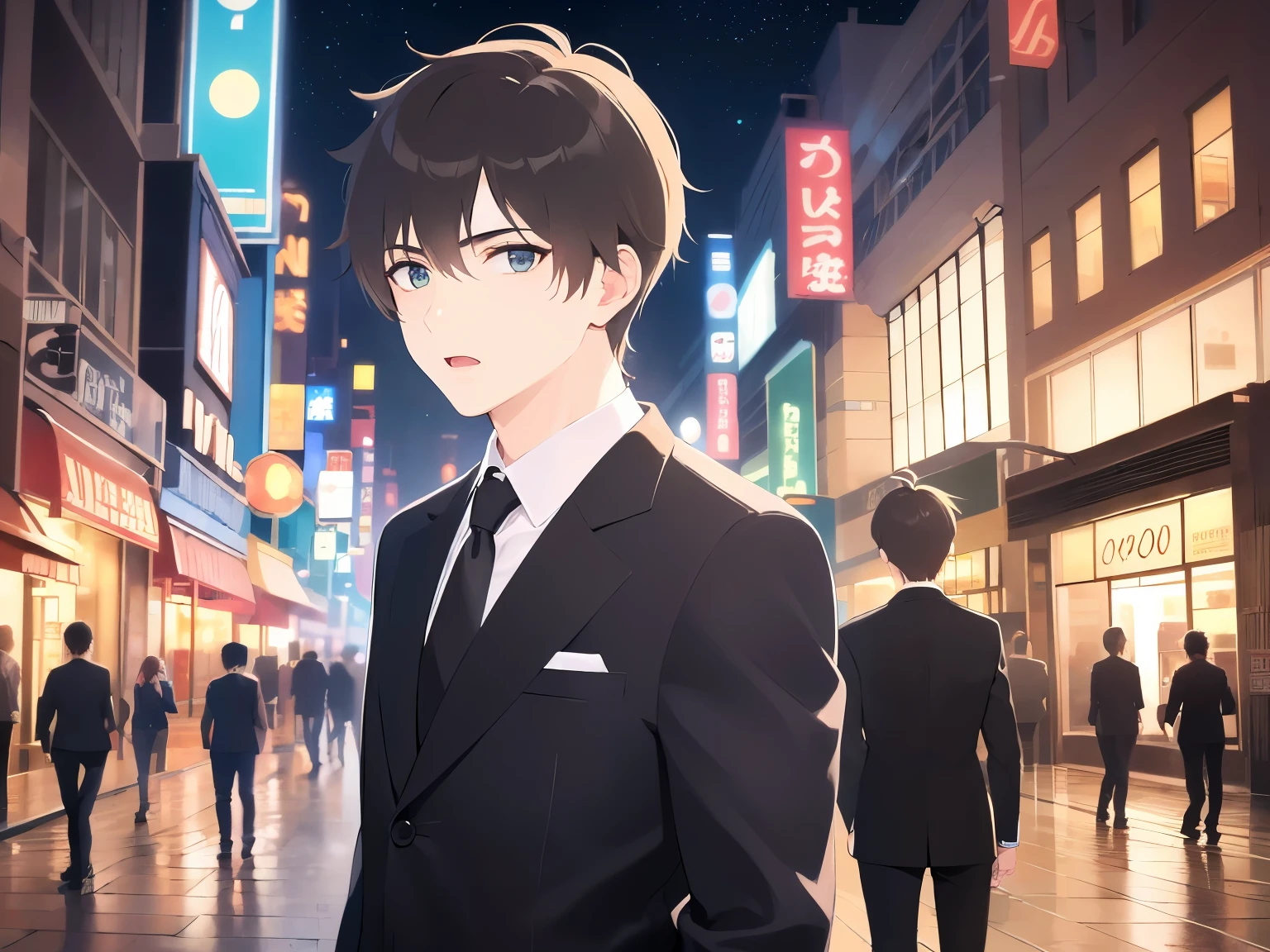masterpiece、highest quality、(25 year old male:1.5) and (brown short hair) and (green eyes), wearing a business suit、surprised、open mouth, Are standing、The background is a shopping street at night、(Alone:1.5)、Upper body is shown、