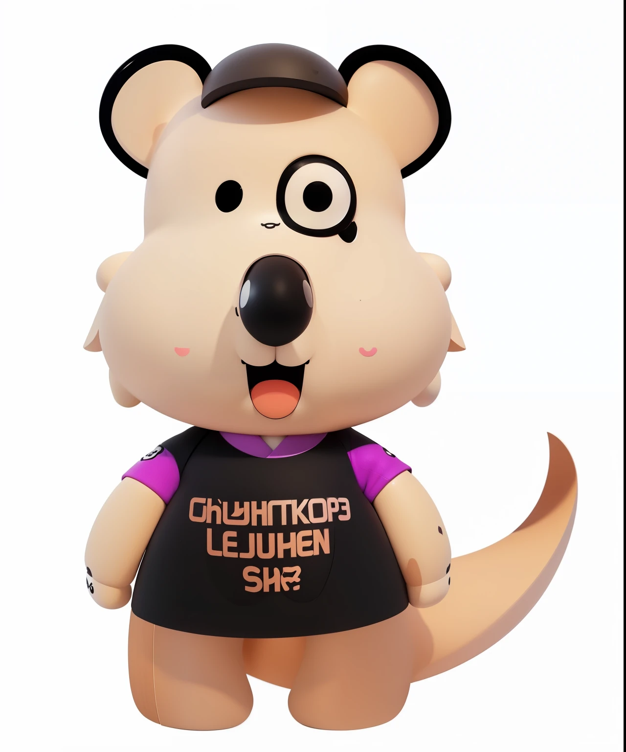 Cartoon bear wearing black shirt and purple collar, 3D model of Japanese mascot, (((luke chueh))), merge characters, [ The art of math ]!!, ( ( ( ( 3D rendering ) ) ) ), Inspired by Juda, Kawaii headquarters rendering, animal crossing characters, Lovely! C4D, Highly detailed characters, Created in Adobe Illustrator