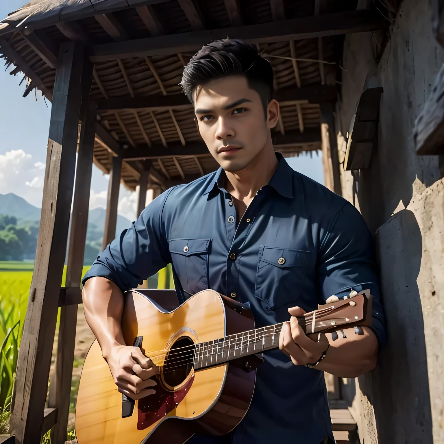 An Araf man holds a guitar in front of a hut.., Inspired by Adam Dario Kiel, My name is Chandra., Rick Dai, Thawan Duchanee, Ramil Sunga, promotional pictures, of art, Damian Tran, Pictures from promotional shoots, Thiti Luatthong, Inspired by Rudy Sisvanto, Handsome Chad Chin