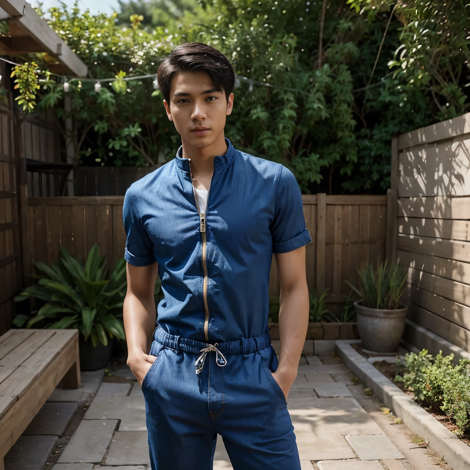 1boy,solo,asian young man,3 days beard,skinny,twink,normal body , design jumpsuit jean, intense gaze ,cover shot , instagram model,perfect hands , in the backyard