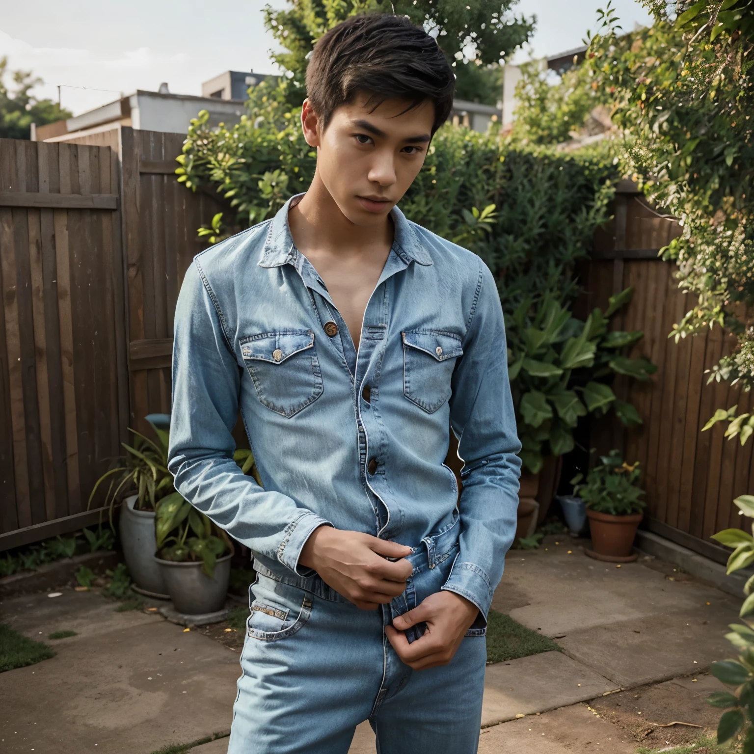 1boy,solo,asian young man,3 days beard,skinny,twink,normal body , design jumpsuit jean, intense gaze ,cover shot , instagram model,perfect hands , in the backyard