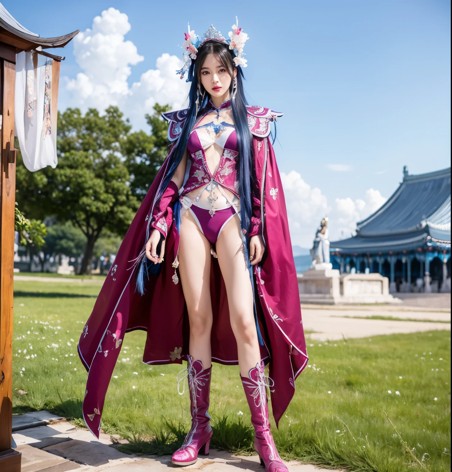 beautiful and delicate woman,The eyes and face are very detailed, exquisite eyes, super detailed, High resolution, The content is very detailed,best quality,EnLightenment,unity,8k wallpaper,masterpiece,best quality,imagine,1 girl,Wear sexy blue and white bikini armor,Metal style, big breasts, high cut underwear, 盔甲有圖案Metal style的, Large blue and white priest's cloak,priest hat,standing posture,long legs,Put on pink blue and white boots,look at the audience,facing the audience,flowing long hair,Surreal 8000g,Impeccable,masterpiece,professional artwork,famous artwork,Light,movie bloom,perfect face,pretty face,fantasy,Dreamy and magical,not real,intricate details,Exquisite pattern…Korean woman’s face
