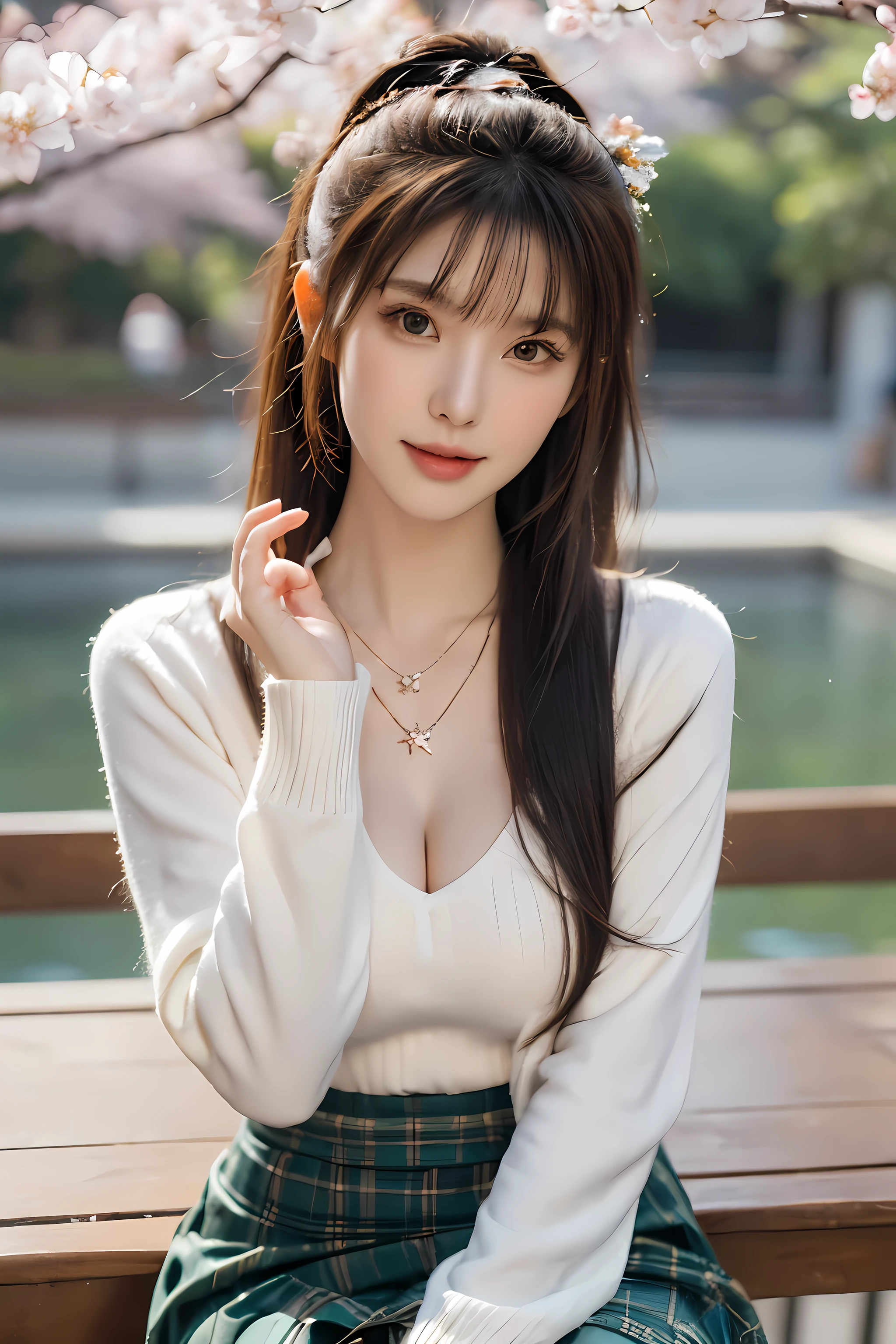 ((on the table, best quality, High resolution, north african free trade area, Pixel perfect, depth of field, 4K, north african free trade area, north african free trade area))), 1 girl in, single, alone, beautiful anime girl, beautiful art style, anime characters, ((long hair, Bangs, brown hair)), ((green eyes:1.4, round eyes, beautiful eyelashes, realistic eyes)), ((Detailed face, blush:1.2)), ((smooth texture:0.75, lifelike texture:0.65, lifelike:1.1, Anime CG style)), ((medium breasts, Split, full)), dynamic angle, Perfect body, ((view, selfie pose, portrait)), ((white sweater, long sleeve, black skirt, Plaid skirt, fashionable, 1 handbag, 1 diamond necklace)), Smile, open mouth, amusement park, ((Cherry tree, Cherry blossoms fall))