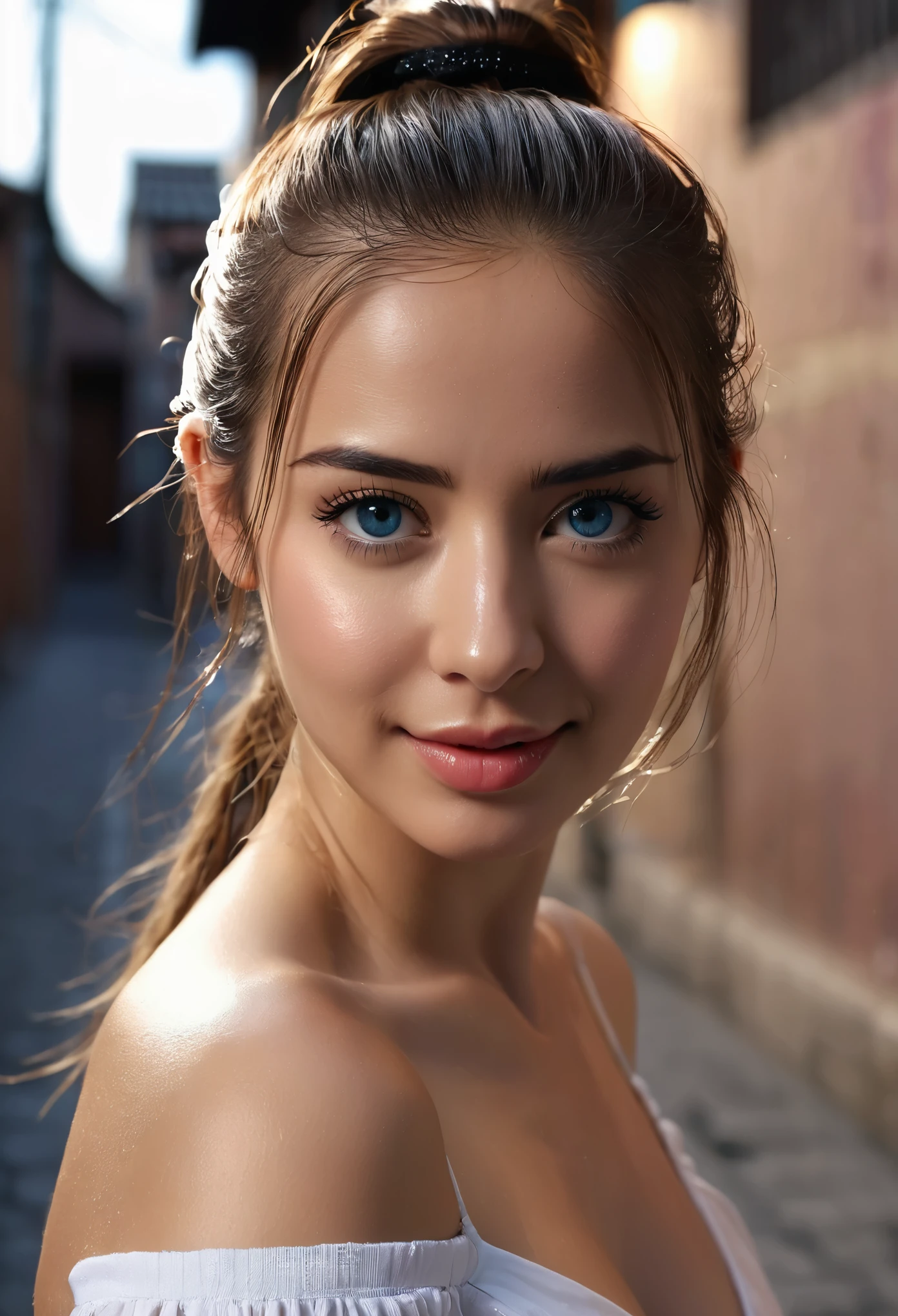 ((1 Spanish)), (Laia Manzanareodel, 25 years old, young)), ethereal beauty, deep blue eyes, seductive smile, long hair tied in a ponytail, tight ponytail, flirtatious look at the camera, fit body, medium breasts , sexy pose in an alley, detailed full-body image, ((dressed as homer simpson)), eye contact, double eyelids, ((looking at viewer)), full-length photo, the photo in various angles, wears high heels sexy, soft lighting, masterpiece, best quality, photorealistic, 8k, high resolution, detailed realistic skin, 8k uhd, dslr, soft lighting, high quality, film grain, Fujifilm XT3