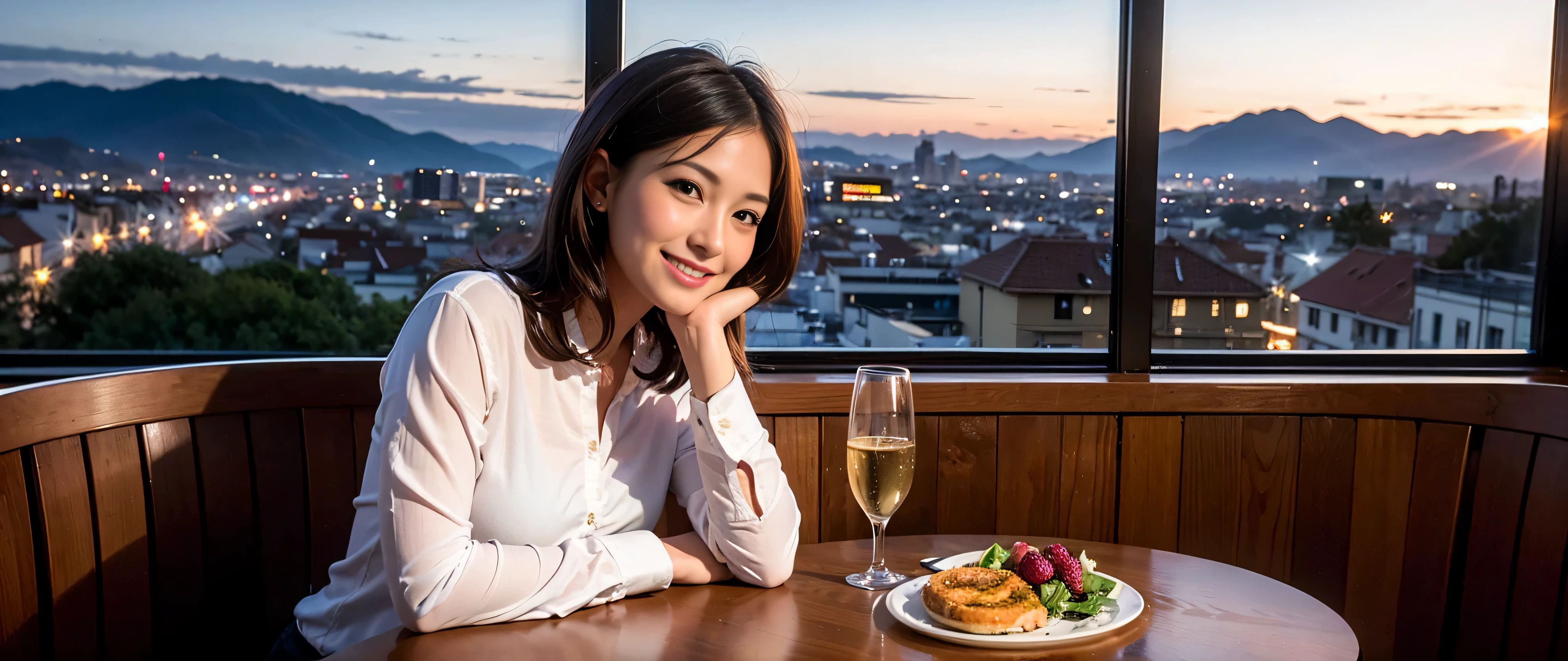 K, Hmm, highest quality, masterpiece: 1.2), (realistic, photorealistic: 1.37), Spectacular view of the sunset sky and clouds、Amazing mountain views、明るいsmile、3 slim beauties, (slim face),Happy、 the best smile、Fox face、Berry Short、(because I'thin), (brown hair), (shortcut), long sleeve shirt、winter fashion、Colombian、Brazilian、Japanese、Dutch、German、Portuguese、Belgian、Italian、French,Champagne、sparkling wine、 (squirt), (slim body), (brown hair), (shortcut), neat beauty、cheeks turn a little red, (35 years old), 38 years old, alone, A beautiful and detailed night view spreads out outside the window....., restaurant, wine glass is sitting, At night, in a prominent place (from the Upper body) nova frog style, actress, model, Upper body, White wine, slim, wine glass, Very beautiful night view, wine glass Put in the Middle, Happy smile, (smile: 1.15),