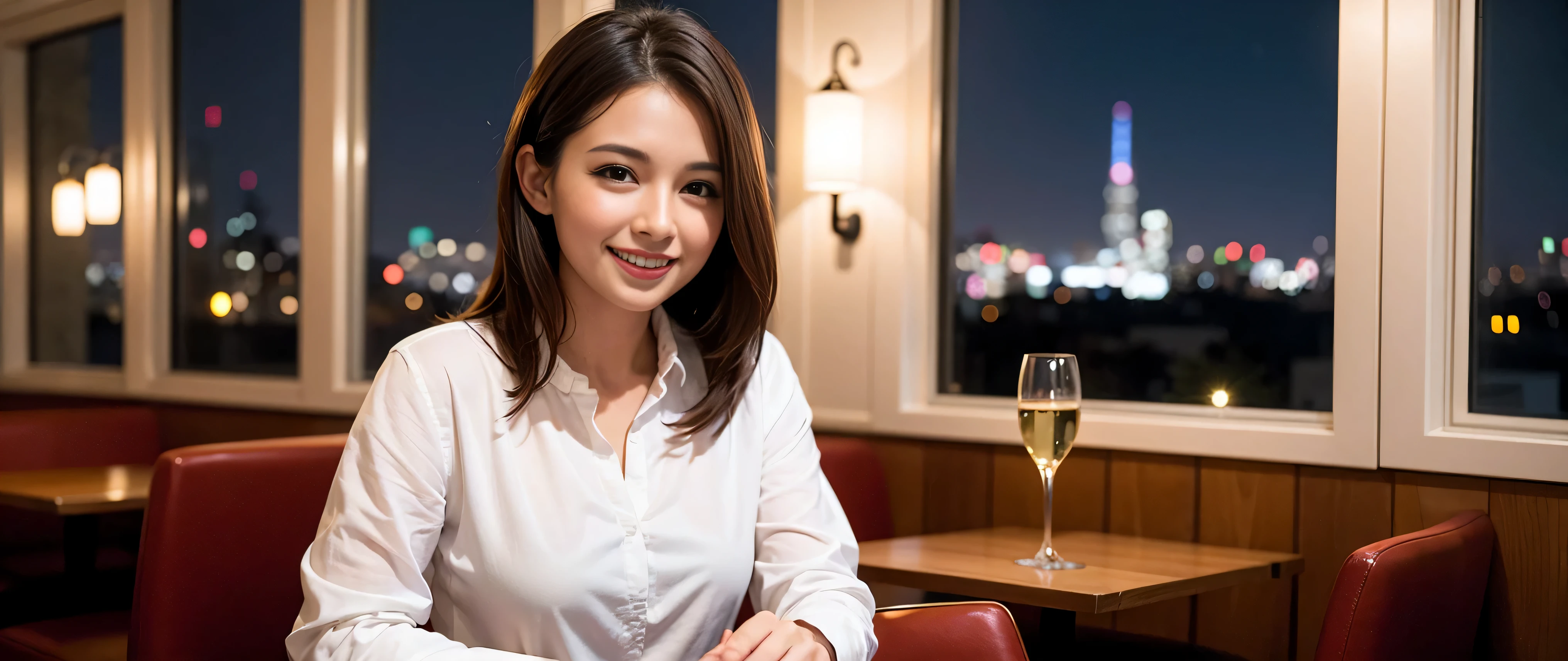 K, Hmm, highest quality, masterpiece: 1.2), (realistic, photorealistic: 1.37), Super detailed, 3 slim beauties, (slim face),Happy、 the best smile、Fox face、Berry Short、(because I'thin), (brown hair), (shortcut), long sleeve shirt、winter fashion、Colombian、Brazilian、Japanese、Dutch、German、Portuguese、Belgian、Italian、French,Champagne、sparkling wine、 (squirt), (slim body), (brown hair), (shortcut), neat beauty、cheeks turn a little red, (35 years old), 38 years old, alone, A beautiful and detailed night view spreads out outside the window....., restaurant, wine glass is sitting, At night, in a prominent place (from the Upper body) nova frog style, actress, model, Upper body, White wine, slim, wine glass, Very beautiful night view, wine glass Put in the Middle, Happy smile, (smile: 1.15),