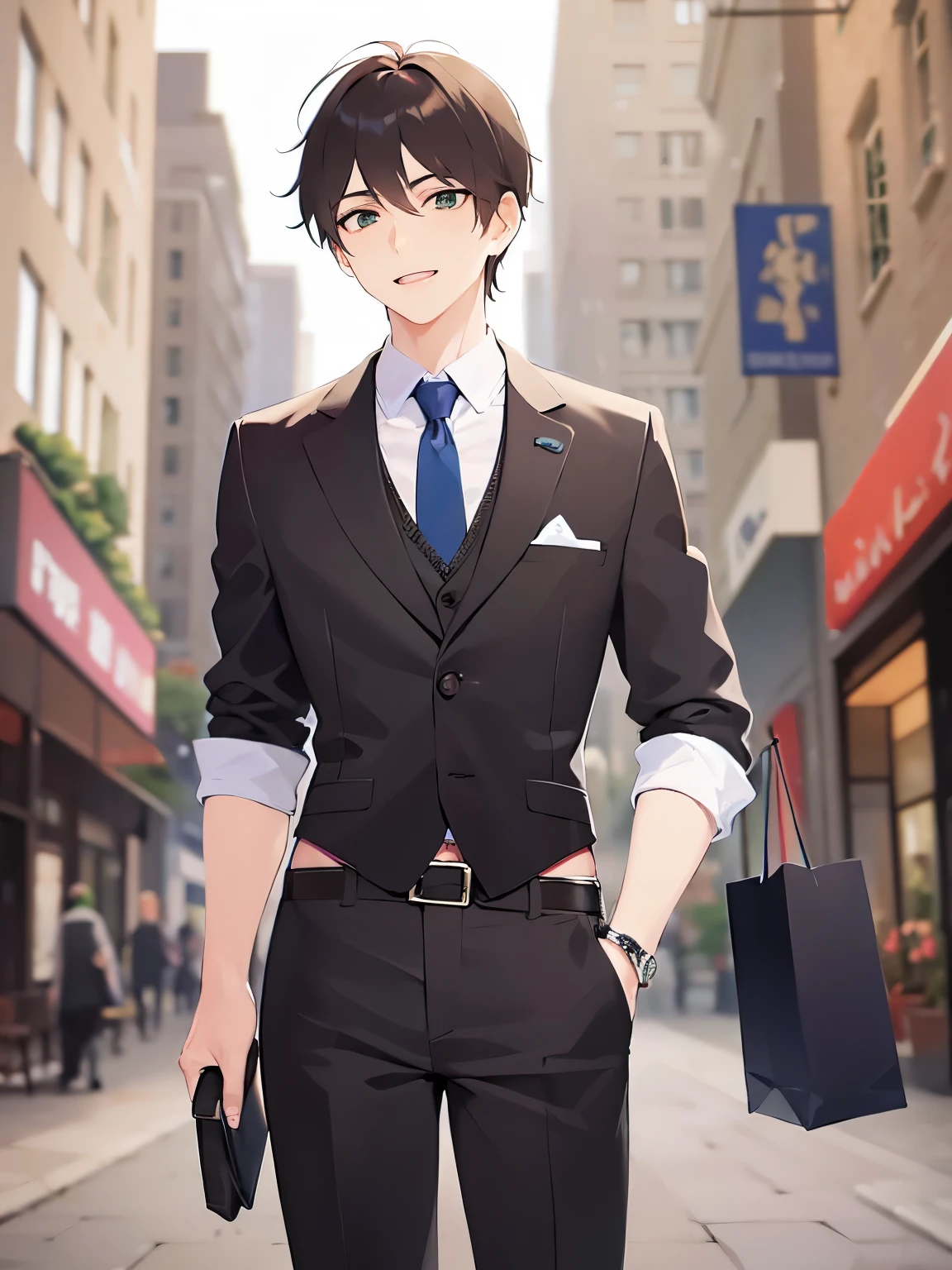 looking away, masterpiece、highest quality、(25 year old male:1.5) and (brown short hair) and (green eyes), wearing a gray business suit、Wearing a blue tie、(smile:1.2)、open mouth, Are standing、The background is a shopping street、(Alone:1.5)、Upper body is shown、