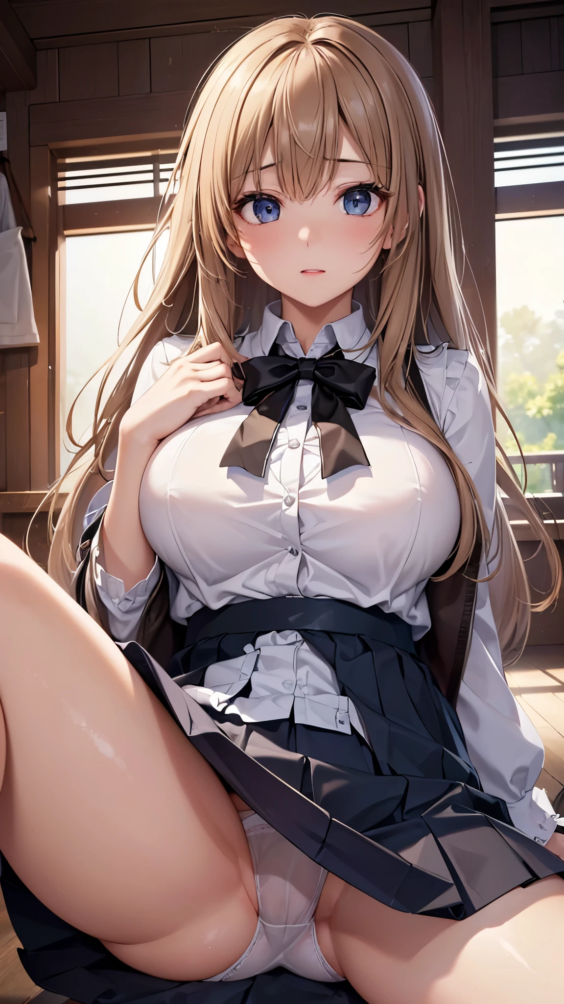 ((highest quality、High resolution、Highly detailed CG Unity 8K wallpaper))、detailed face、perfect body、unparalleled beauty、beautiful breasts、spread your legs wide、embarrassed look、((She lifts up her skirt and shows her panties))