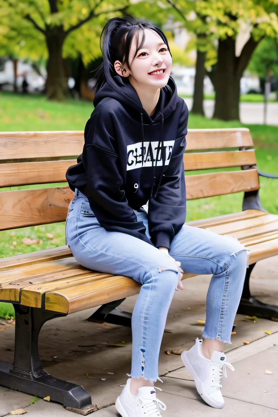 masterpiece, highest quality, High resolution, A neat and beautiful woman sitting on a park bench、black hair、hoodie、skinny denim、sneakers、refreshing smile、toothy smile、full body photo