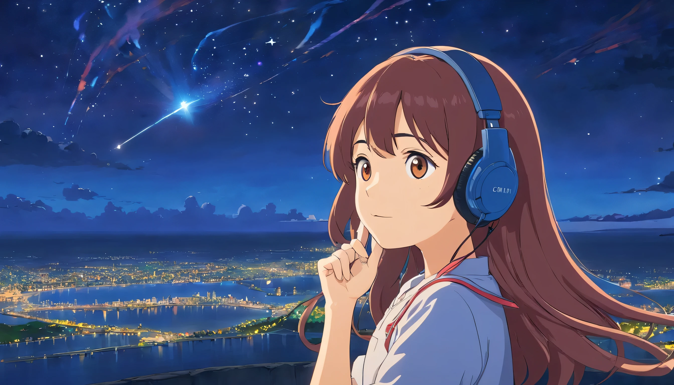 A girl listen music in headphone, night,calm background,bornfire,open sky,faling star