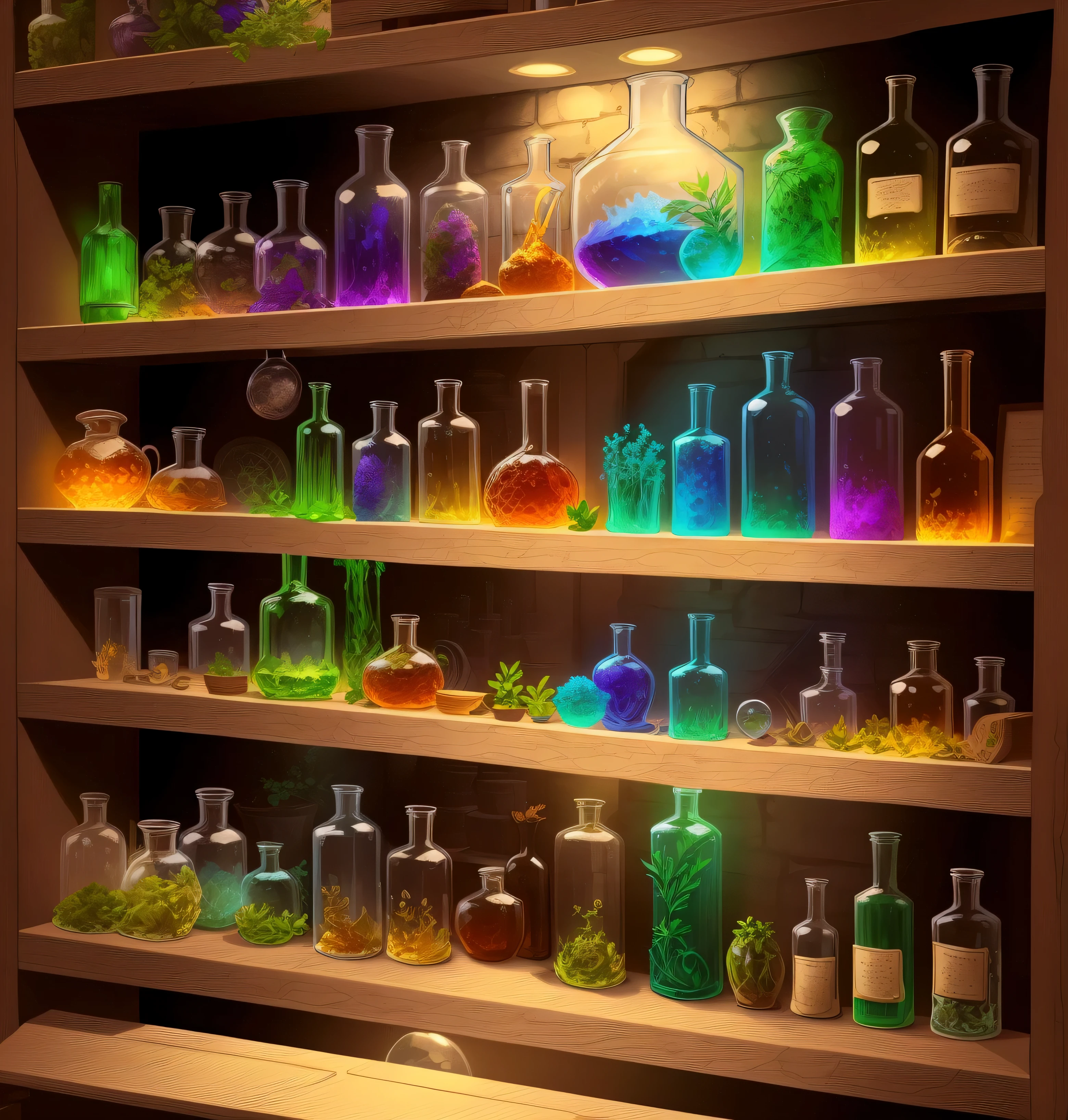 Illustration of a shelf with various bottles and plants, fantasybook illustrations, Borna Space Library Art, Alchemist Library Fund, Fantastic terrarium graphics, magic holy water, The wizard's apothecary, magic library, 详细的book illustrations, fantasy, book illustrations, an alchemical art illustration, fantasyRPGbook illustrations, In the potion counter