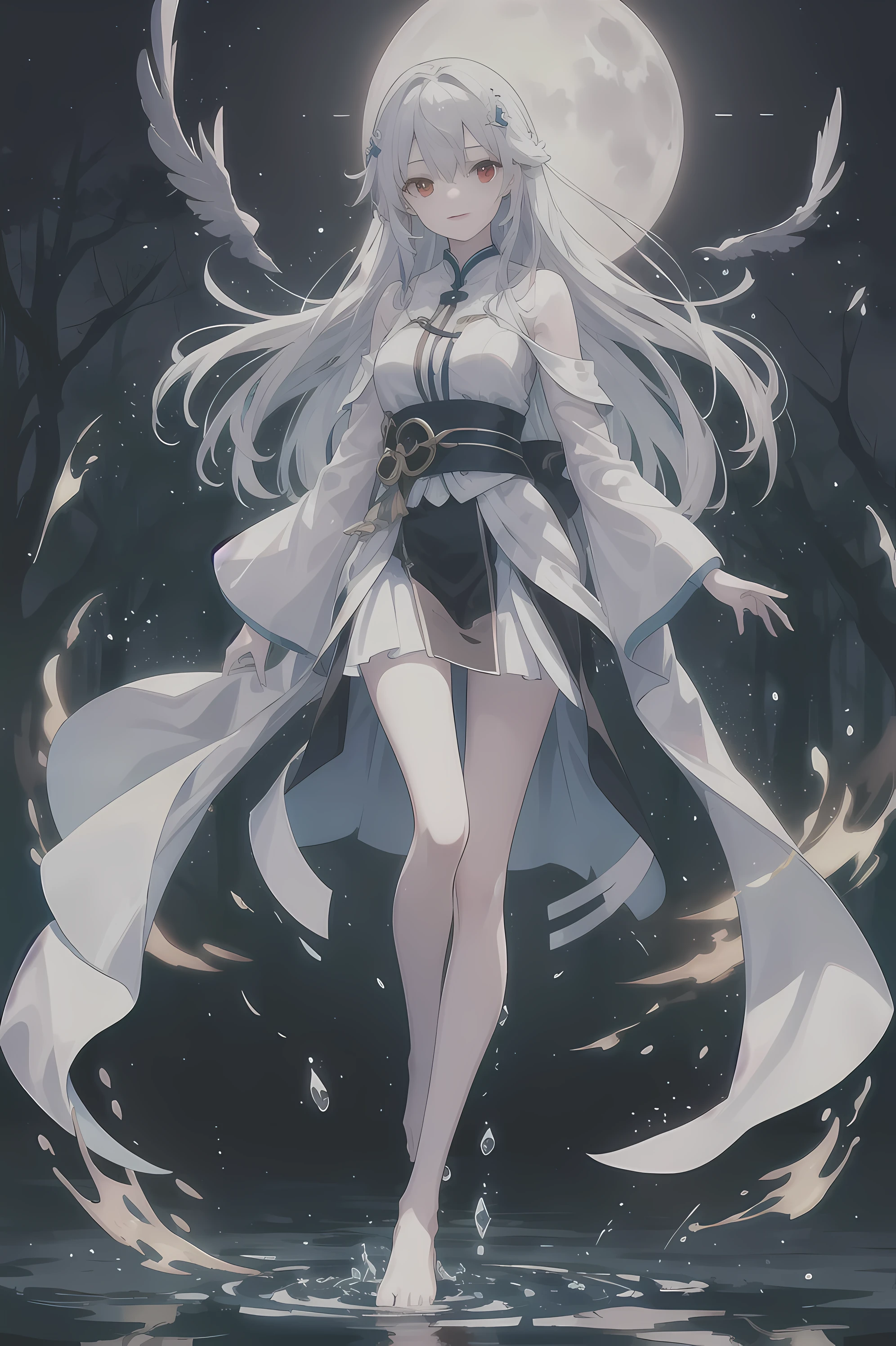 Dreamy beautiful moonlight in dark forest。View of a 15-year-old girl from above。(wet silver hair and red eyes)。smile slightly。She only wore a long transparent white cloth，It has beautiful lace trim on it。Soak the cloth in water。(splashing in the dark forest lake at night)。(Hair or clothes are wet)。splash。Wet hair。Dripping water droplets。梦幻般的萤火虫在空中float、Light also reflects from water。near method and far method。glitter effects。Dynamic composition with depth。extremely high quality、high level of image quality、extremely refined。Rare workmanship，round,Room, Strong breasts），barefoot，float，water surface，（long legs，long legs，long legs，Gestalt），full-body shot。standing posture，Detailed face，wearing black