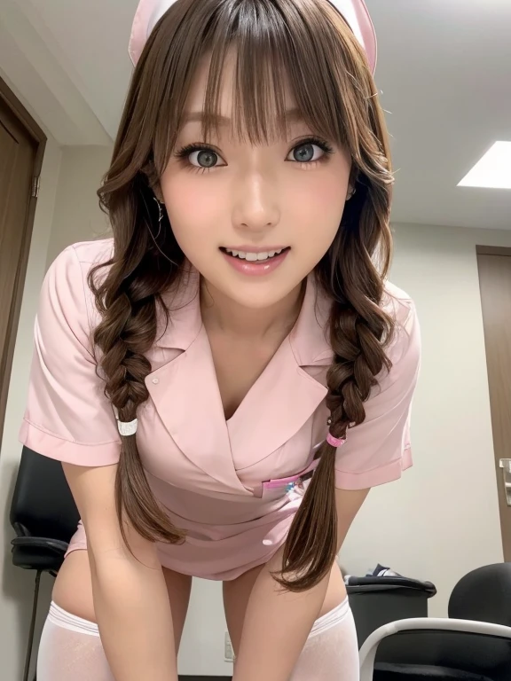 (table top, Photoreal:1.4, 8K), highest quality, masterpiece, ultra high resolution, perfect dynamic composition, Cute and sexy 22 year old Japanese nurse, big face, round face, sexy face:0.4, natural makeup,(distant eyes, blue eyes:0.8, Eyes that feel beautiful eros:0.85, small mouth, thick lips, A taste of beautiful eroticism:0.85),(light brown hair, french braid:1.1), Highly detailed skin and facial textures:1.3, tanned skin:1.2, slender body shape, Medium chest:1.2, shiny thighs:1.2, Detail of limbs, (laugh and completely charm you:1.0), (dark pink nurse costume:1.4, nurse cap:0.5, black pantyhose:1.2),  (Too cute beauty:0.9), hospital room, ((look at the camera)), ((Squat to the side)),(shot from below:1.2)