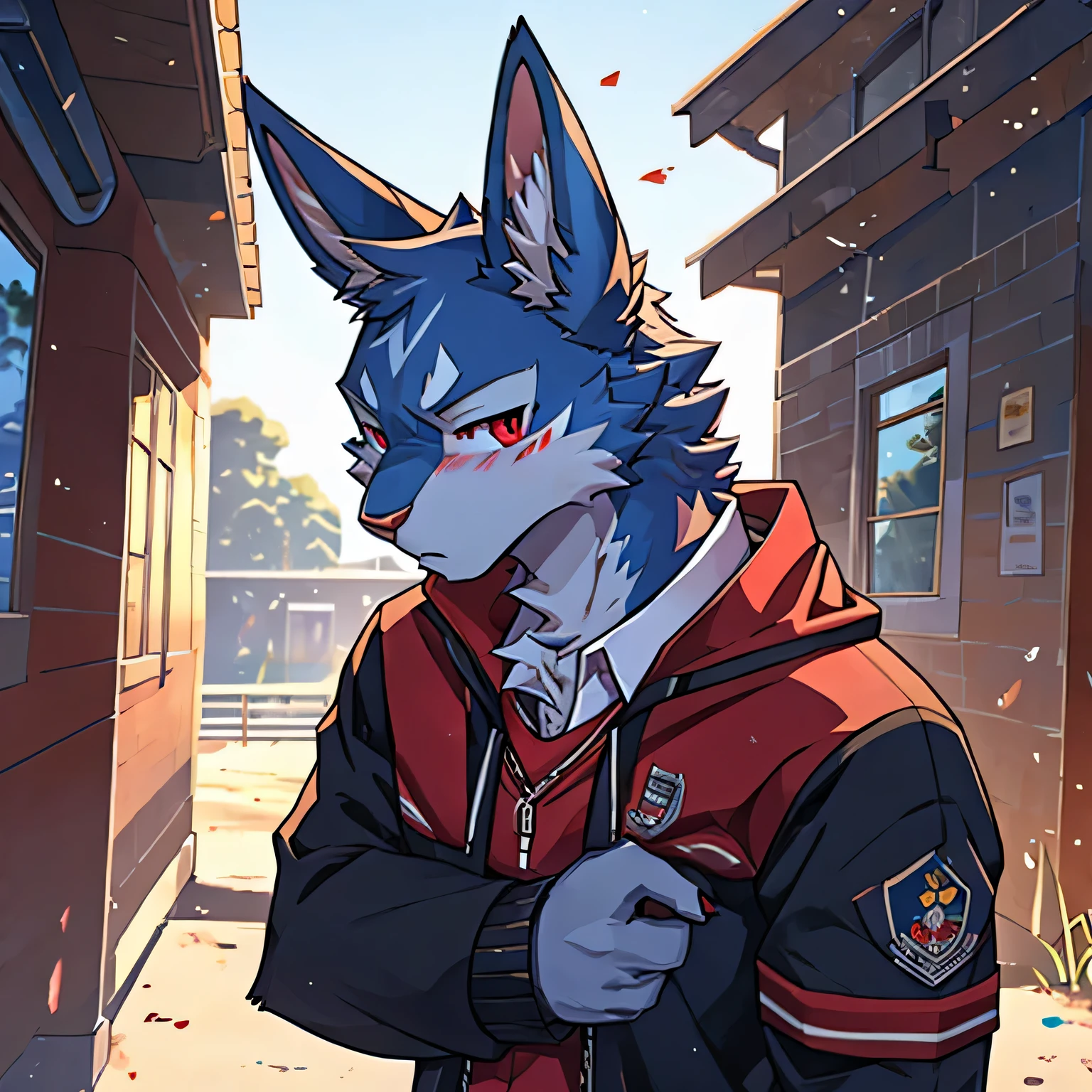 4K, actual, high detail, super detailed, Eyes detailed，Fashion clothing，rabbit，Long-eared rabbits，blue fur，Red eyes，Slender figure，aldult，male，arrogant，blush，The background is school