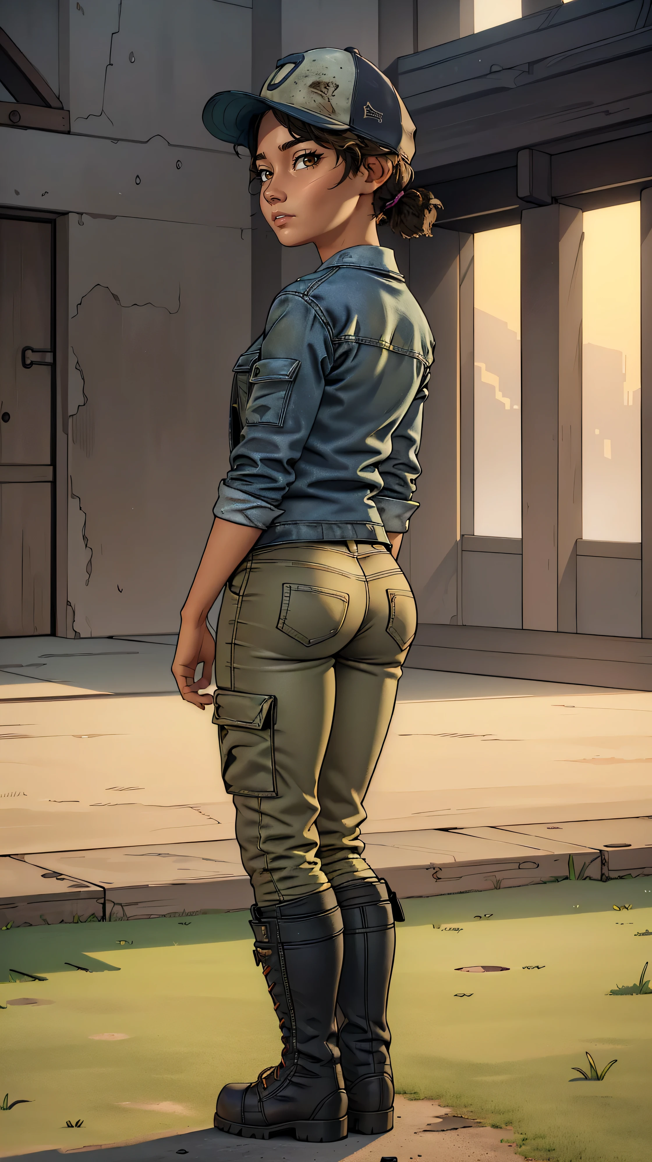 ((masterpiece, best quality)),(complex lighting) ,solo,(((1girl))) ,clementine, light skin,light-skinned female, baseball cap, green cargo pants, brown eyes, tight pants, combat boots, shirt, short hair, one short ponytail, open denim jacket, huge butt, thicc butt , (((8k))), (((full body))), (((looking at the viewer)))