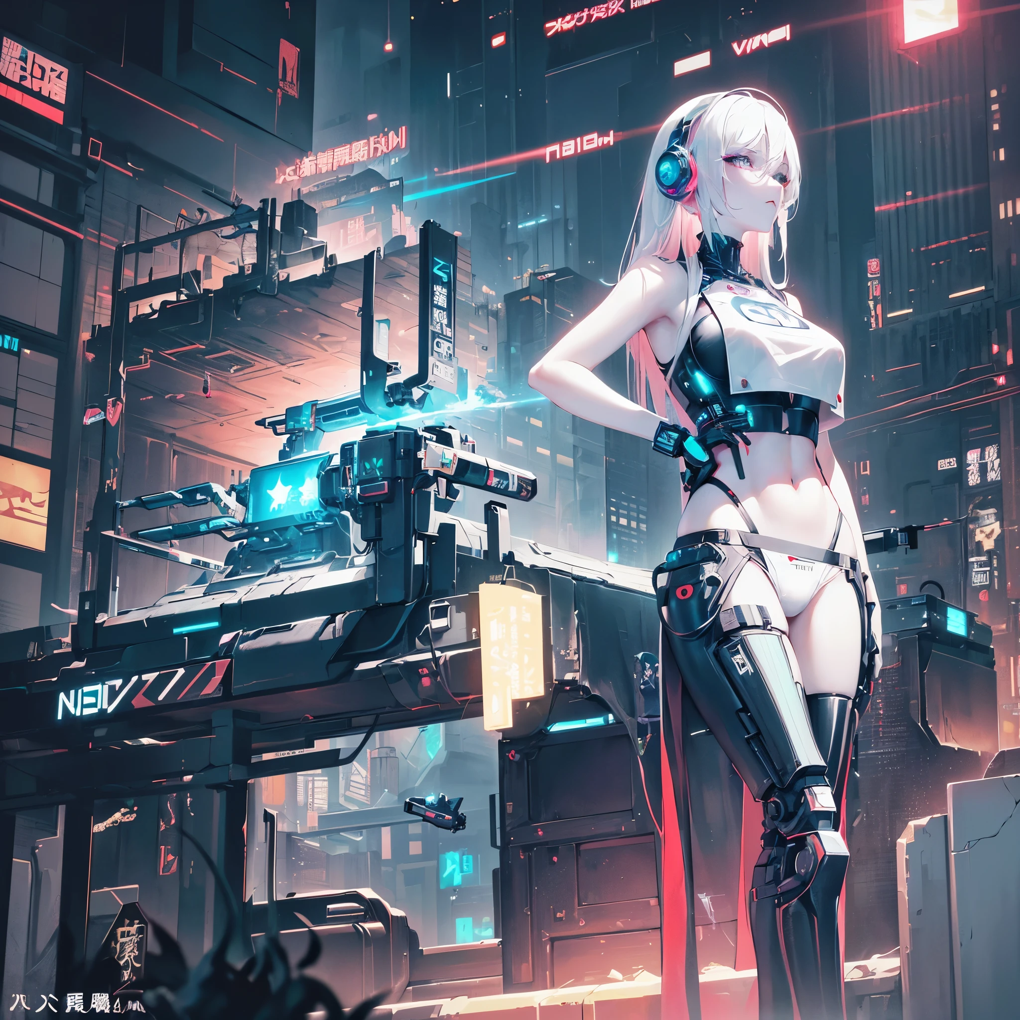 beautiful cyberpunk girl wearing a futuristic head mounted display, (delicate skin), pale skin, (in a deep neckline highly detailed sexy futuristic cyberpunk black crop top and underpants made of circuit boards, cybernetics, Japanese words with flare effect, beautiful magnificent composition, futuristic, masterpiece, sensual, attractive, pose for a photo
