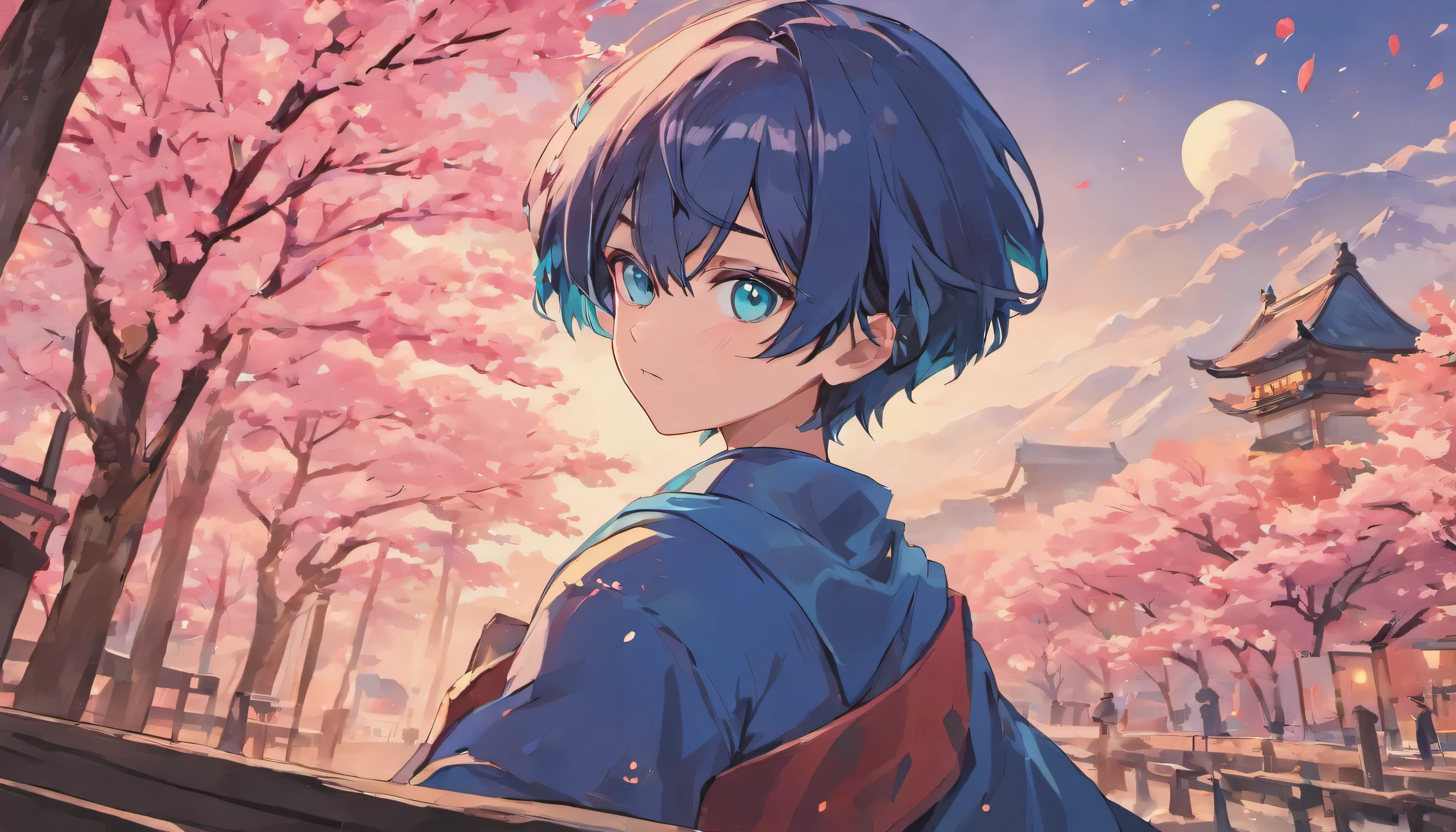 attractive, elegant, virtual youtuber, anime boy, blue eyes, (big, clear eyes:1.3), navy hair,  inspired by Okumura Masanobu, inspired by Okumura Togyu, Cartoon illustration of a boy,  young anime man, Animation Moe Artstyle, male anime character, 2D animation style, illustration, inspired by Okumura Masanobu, inspired by Okumura Togyu, panorama, japanese style building, mountain, light turquoise, dark pink, vibrant, eye-catching, Traditional Animation, dynamic movement, Cherry Blossom, shaking tree, layered image, travel, adventure, immersive, vintage charm, classic japanese art work, Contemporary Aesthetics, virtual personality.