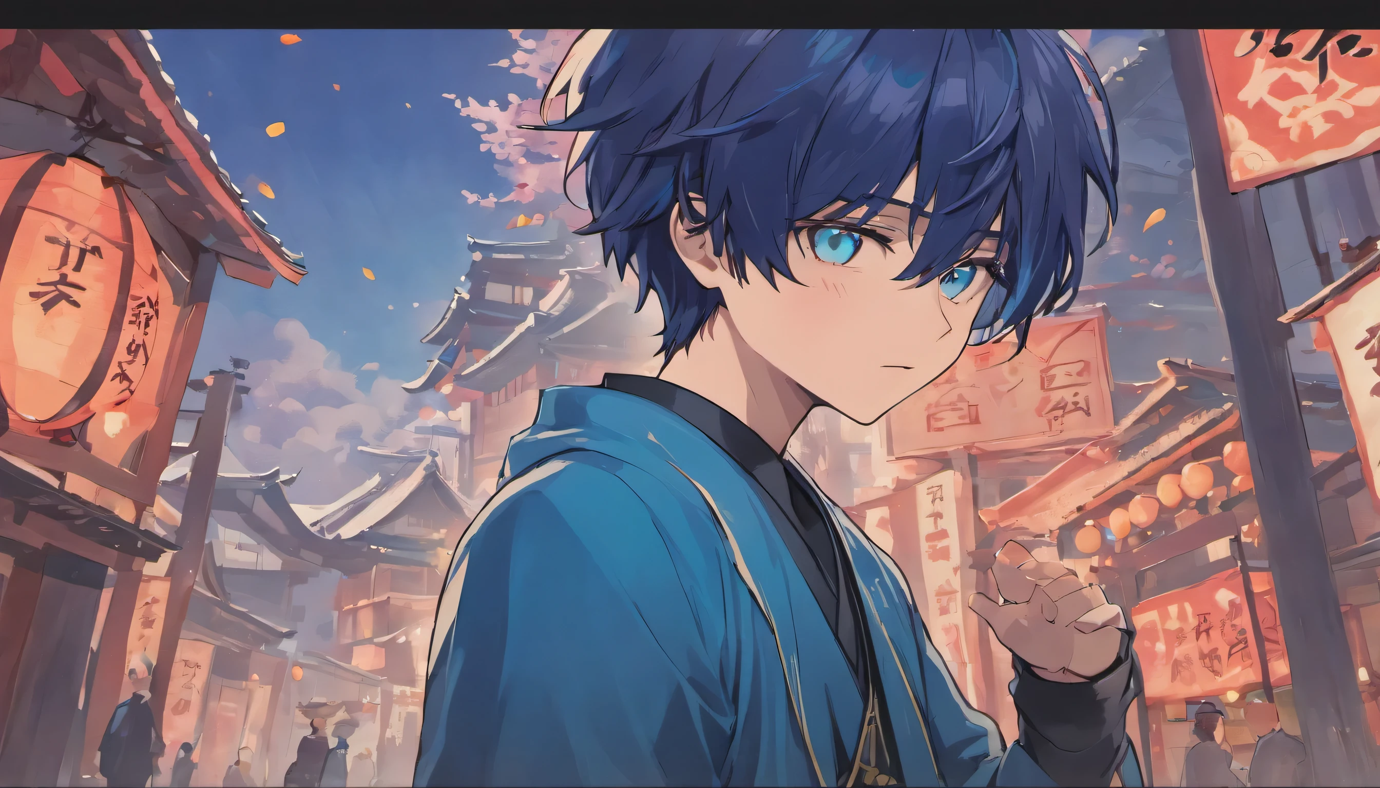 amazing, elegant, virtual youtuber, anime boy, blue eyes, (big, clear eyes:1.3), navy hair, inspired by Okumura Masanobu, inspired by Okumura Togyu, Cartoon illustration of a boy, young anime man, Animation Moe Artstyle, male anime character, 2D animation style, illustration, inspired by Okumura Masanobu, inspired by Okumura Togyu, panorama, japanese style building, mountain, light turquoise, dark pink, vibrant, eye-catching, Traditional Animation, dynamic movement, Cherry Blossom, shaking tree, layered image, travel, adventure, immersive, vintage charm, classic japanese art work, Contemporary Aesthetics, virtual personality.