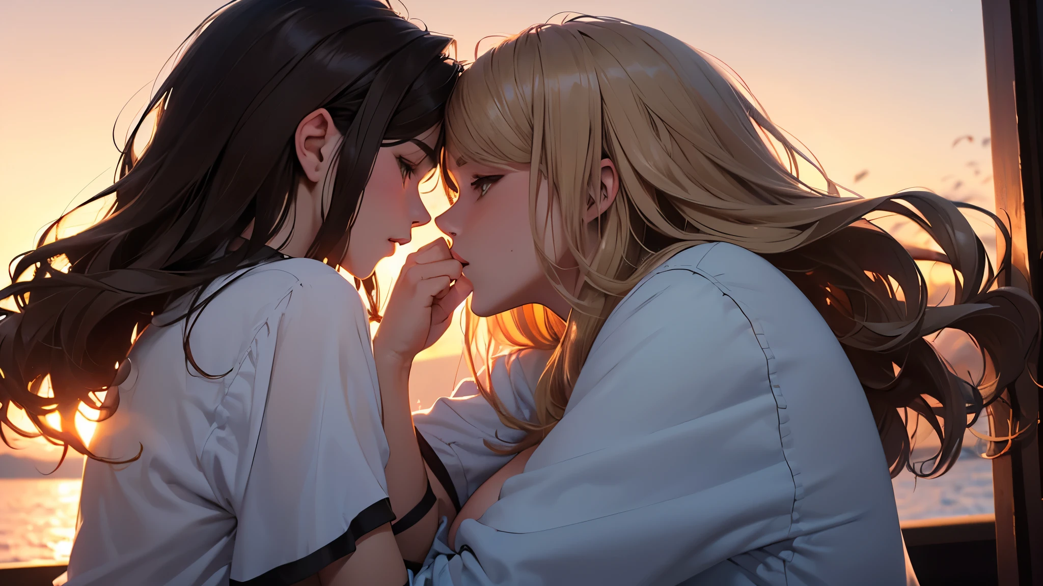 (((best quality))),masterpiece,ultra high resolution,(ultra high definition),(movie quality:1.3),(movie lighting),(low light environment:1.4),Female couple kissing woman at sunset, (SFW) Work, kissing together cutely, (((Girl Love Art))), OPPEIN, Side milk, Slightly saggy big breasts, small breasts, (((Very long wavy blonde hair))), (((Straight brown hair with side bangs))), (girl love kiss), The mouth is very detailed, (girl love hug), touch her hand, touch her clothes, touch her breasts, (((Hands touching her breasts))), sit on lap, Long hair fluttering in the wind, SFW version