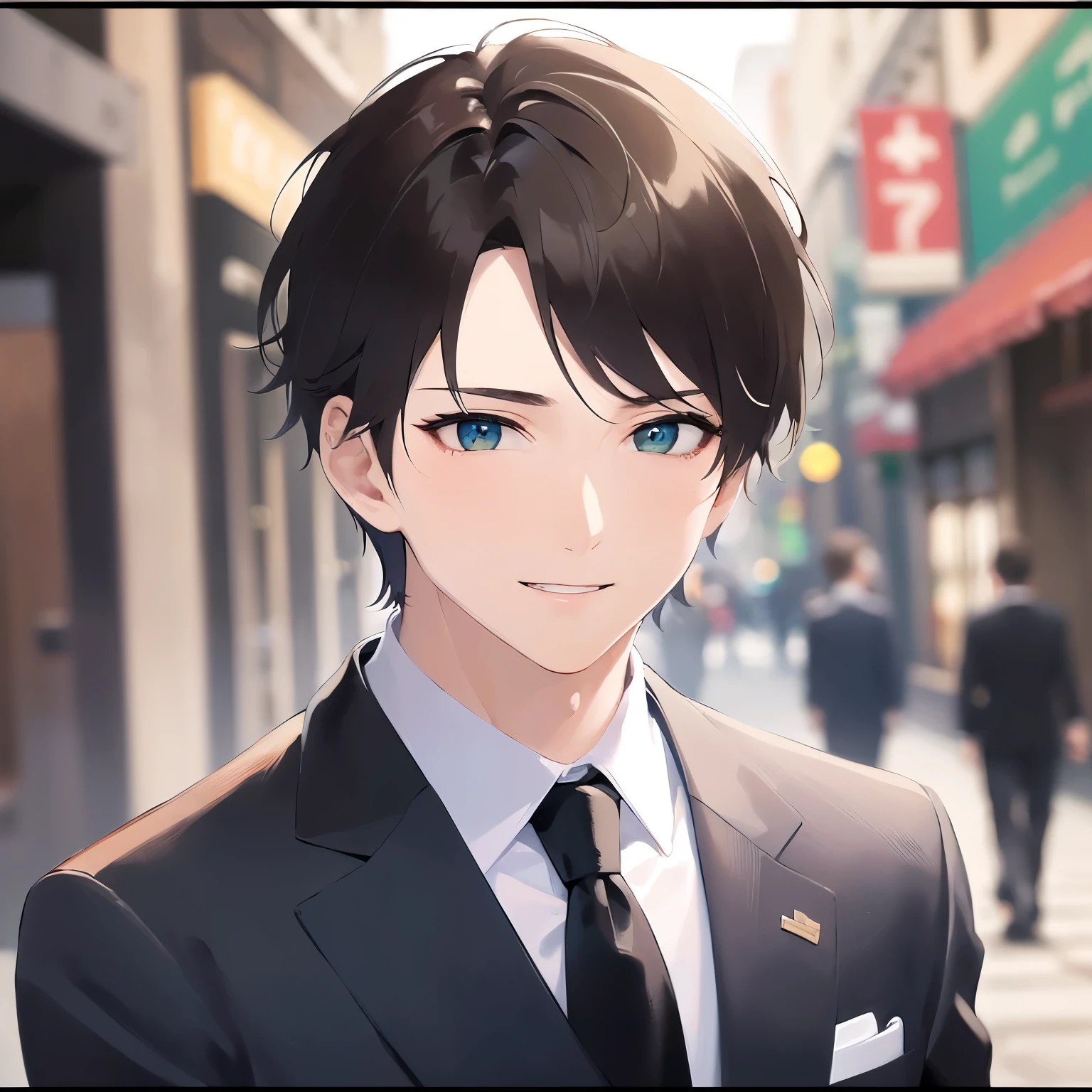 close up of your face、looking away, masterpiece、highest quality、(25 year old male:1.5) and (brown short hair) and (green eyes), wearing a gray business suit、Wearing a blue tie、(smile:1.2)、open mouth, Are standing、The background is a shopping street、(Alone:1.5)、Upper body is shown、
