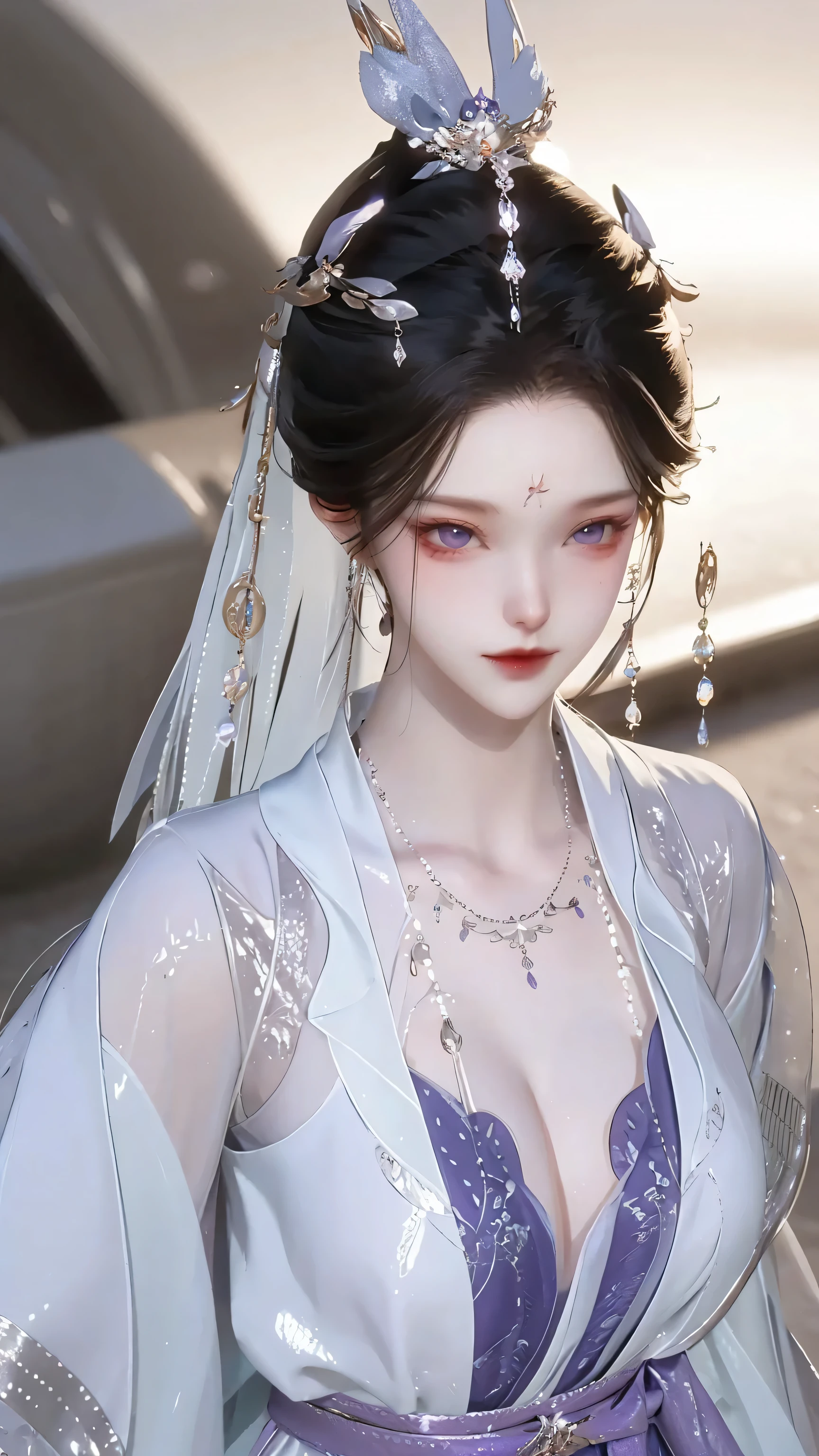 (best quality,masterpiece:1.2),ultra high resolution,realistically,front lighting,intricate details,Exquisite details and textures,(1 girl),alone,upper part of body,Purple Hanfu,好漂亮的big eyes,purple dress,Petal decoration,pretty face,facing the audience,ribbon,gossamer,(young),facial highlights,Detailed production,tear nevus,White skin,silver hair,high ponytail,looking at the audience,big eyes,(hollow pattern),ear nipple ring,fit,White background,right hand,professional lighting,photon mapping,radio city,Physically based rendering
