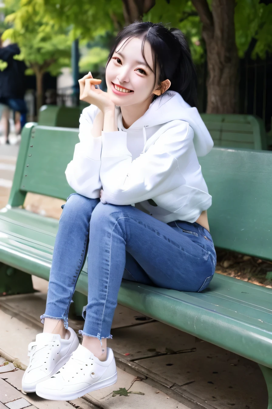 masterpiece, highest quality, High resolution, A neat and beautiful woman sitting on a park bench、black hair、hoodie、skinny denim、sneakers、refreshing smile、toothy smile、full body photo
